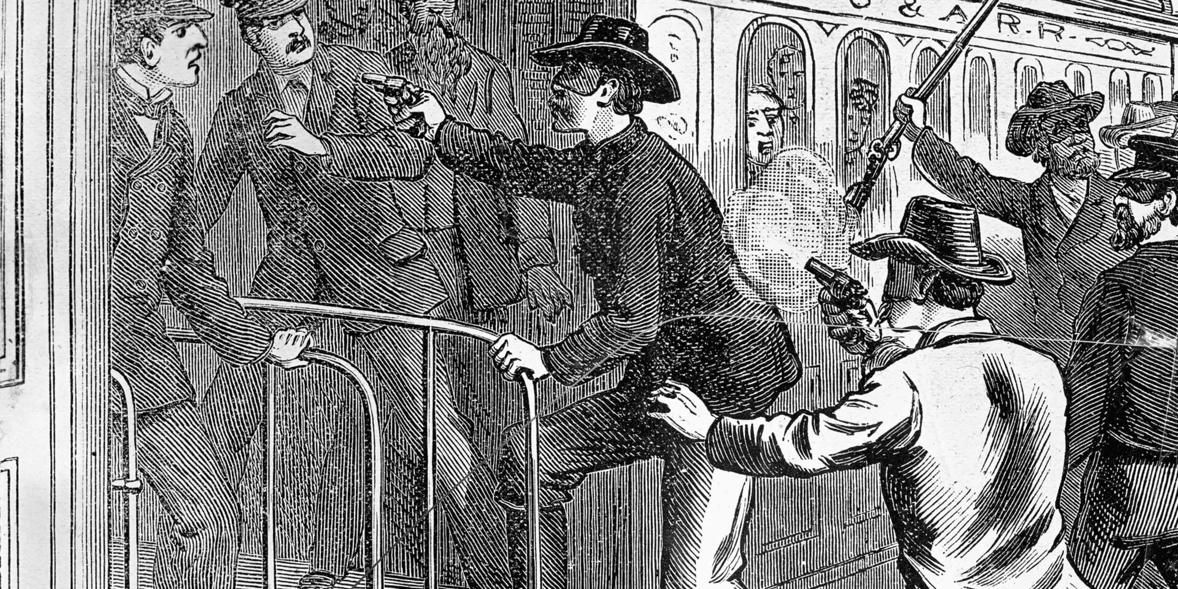 Train Robberies, Jesse James and his gang robbing a train
