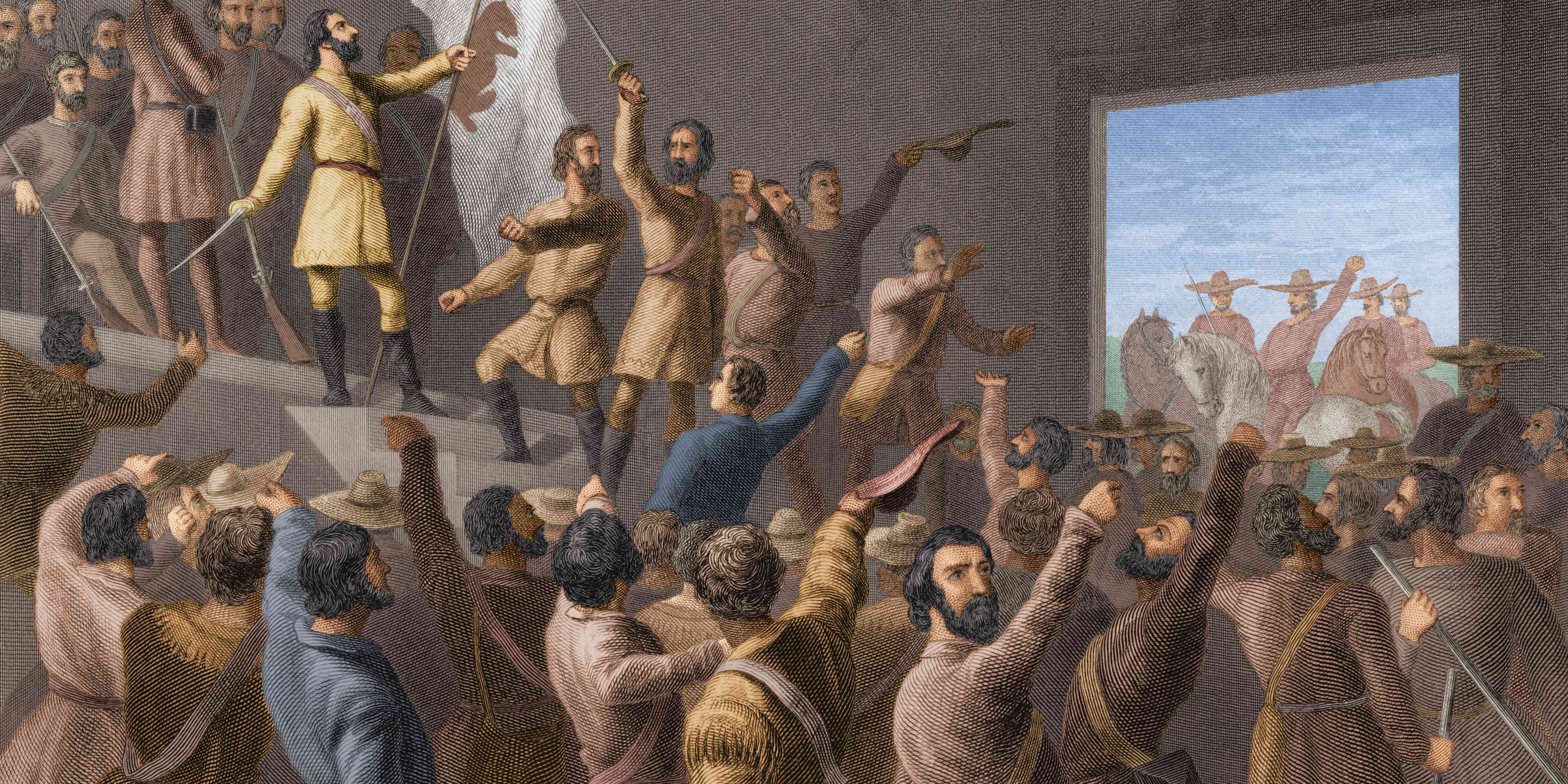 American soldier, explorer, and politician John C. Fremont (1813 - 1890) hoists the grizzly-bear flag of the California Republic as California settlers declare themselves independent of Mexico during the Bear Flag Revolt, Sonoma, California, June 10, 1846. (Photo by Stock Montage/Getty Images)