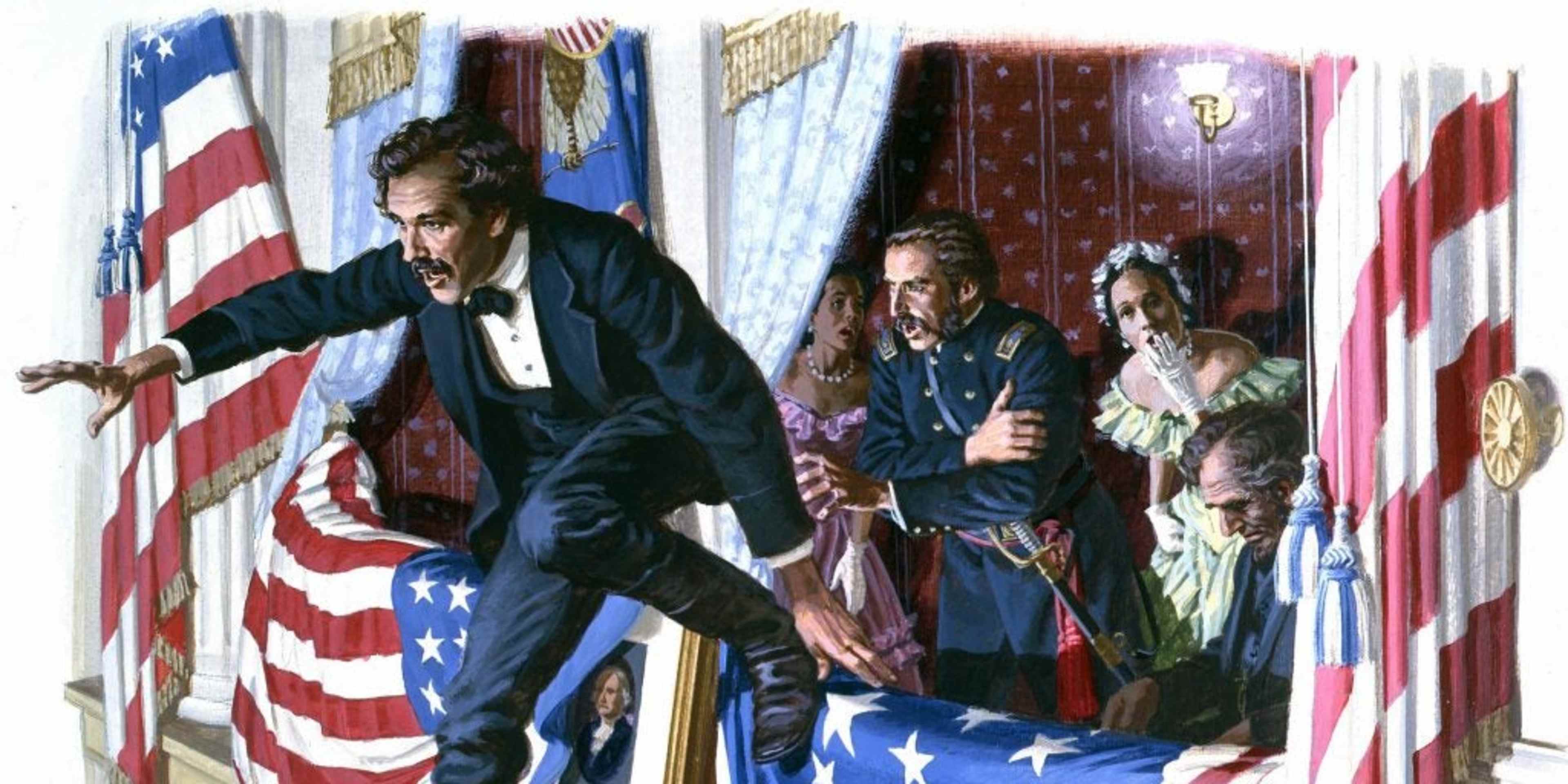 John Wilkes Booth jumping from the booth after assassinating President Lincoln at Ford's Theatre on April 11, 1865.
