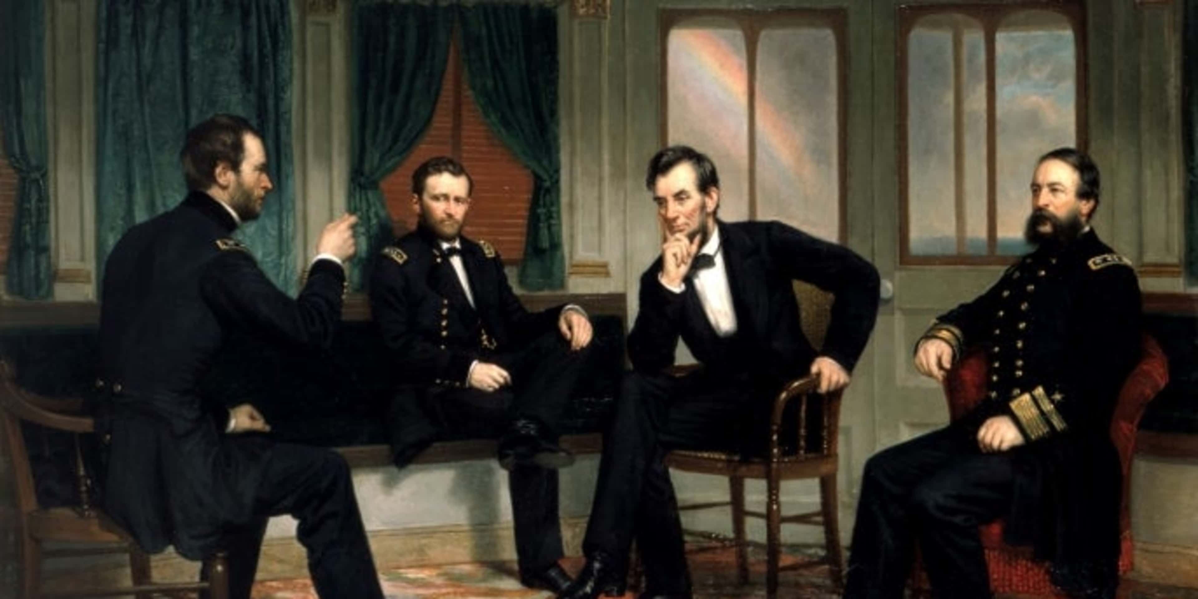 "The Peacemakers," by artist George P.A. Healy, depicts the March 1865 meeting between William T. Sherman, Ulysses S. Grant, Abraham Lincoln and David D. Porter.