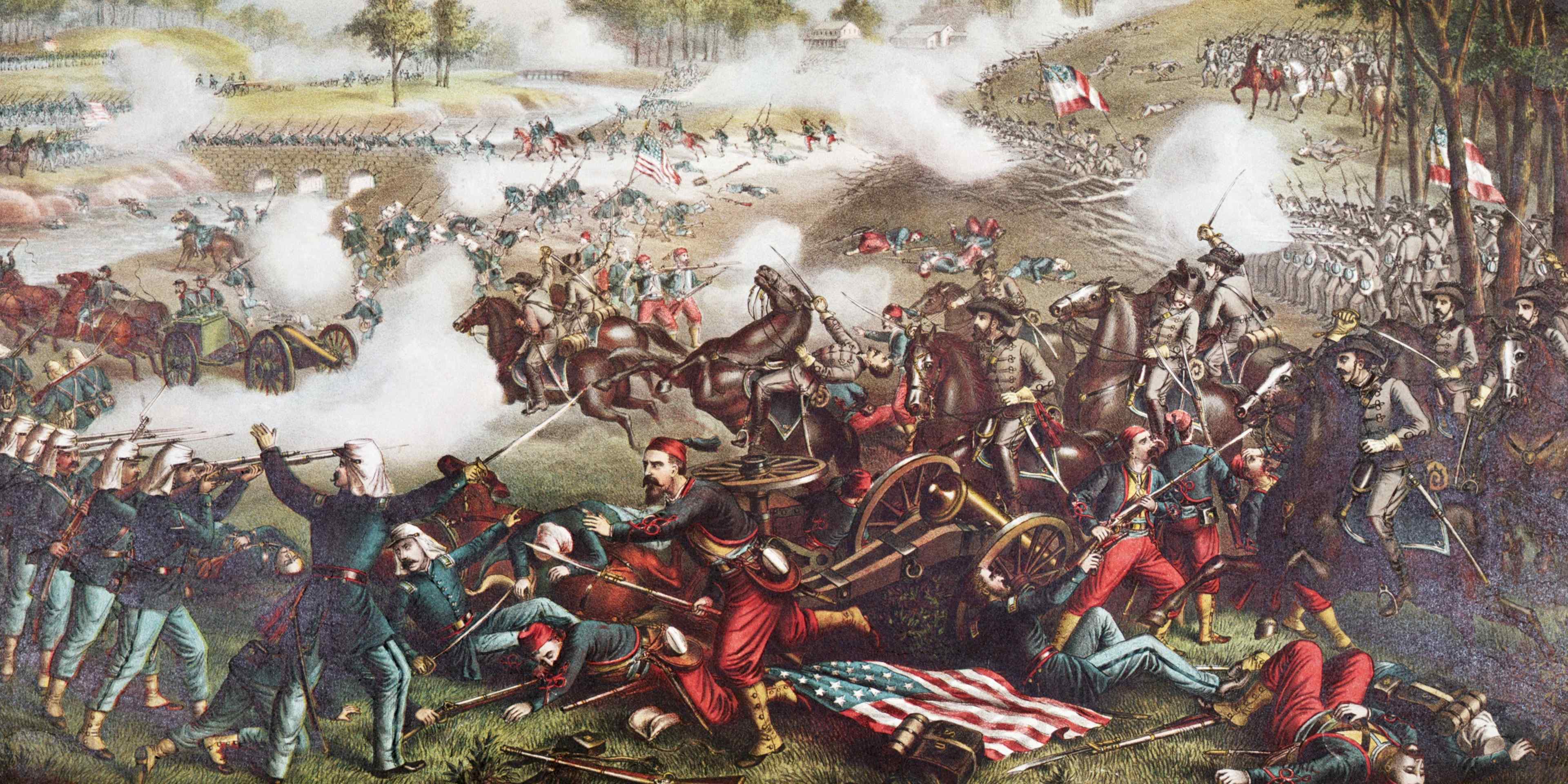 Illustration showing a scene from the First Battle of Bull Run, between Union and Confederate forces, during the American Civil War, near Manassas, Virginia, July 21, 1861. Print by Kurz and Allison. (Photo by PhotoQuest/Getty Images)