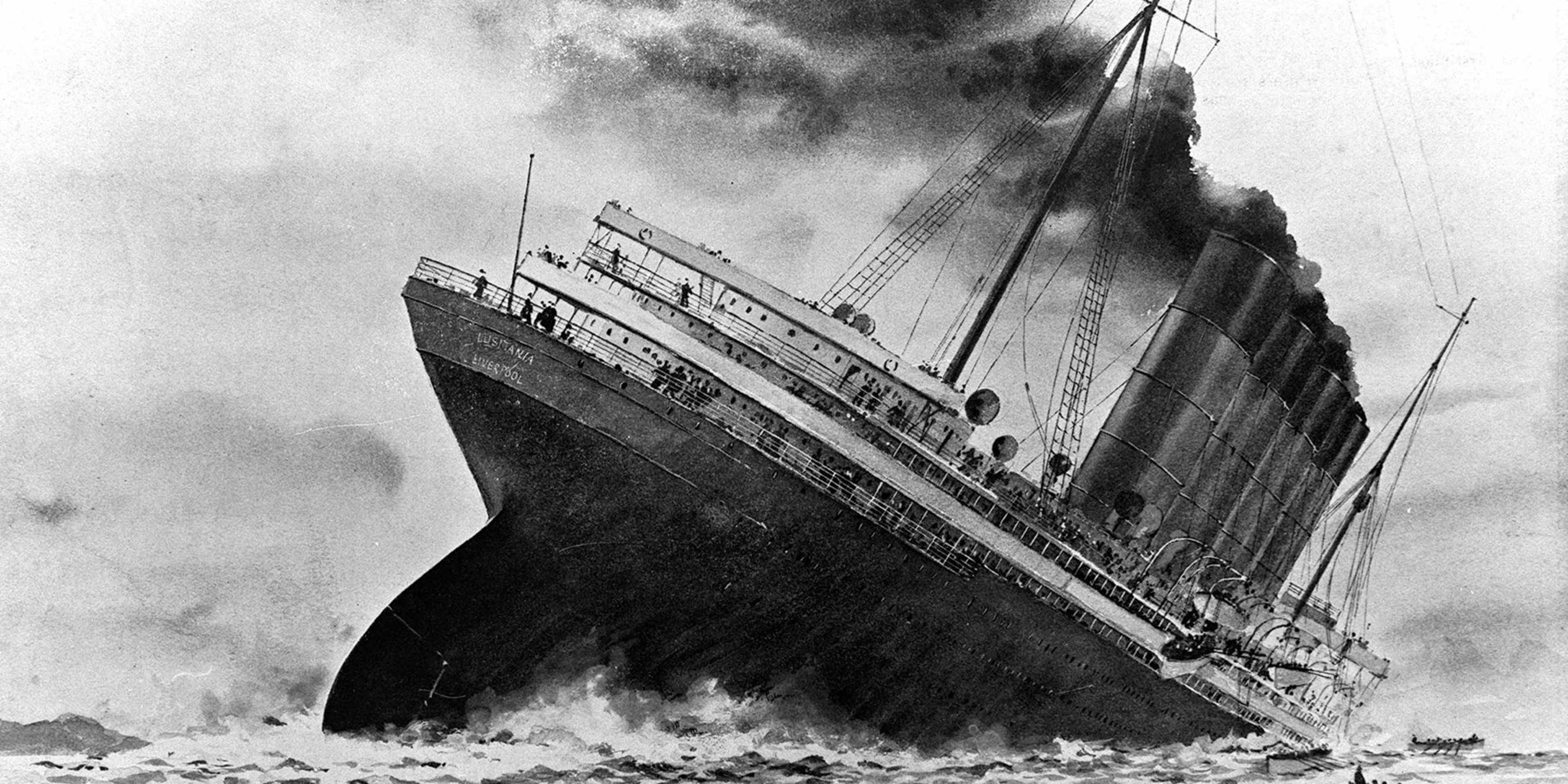 An illustration of the sinking of the British ocean liner RMS Lusitania, torpedoed by German U-boat U-20 off the old head of Kinsale, Ireland.