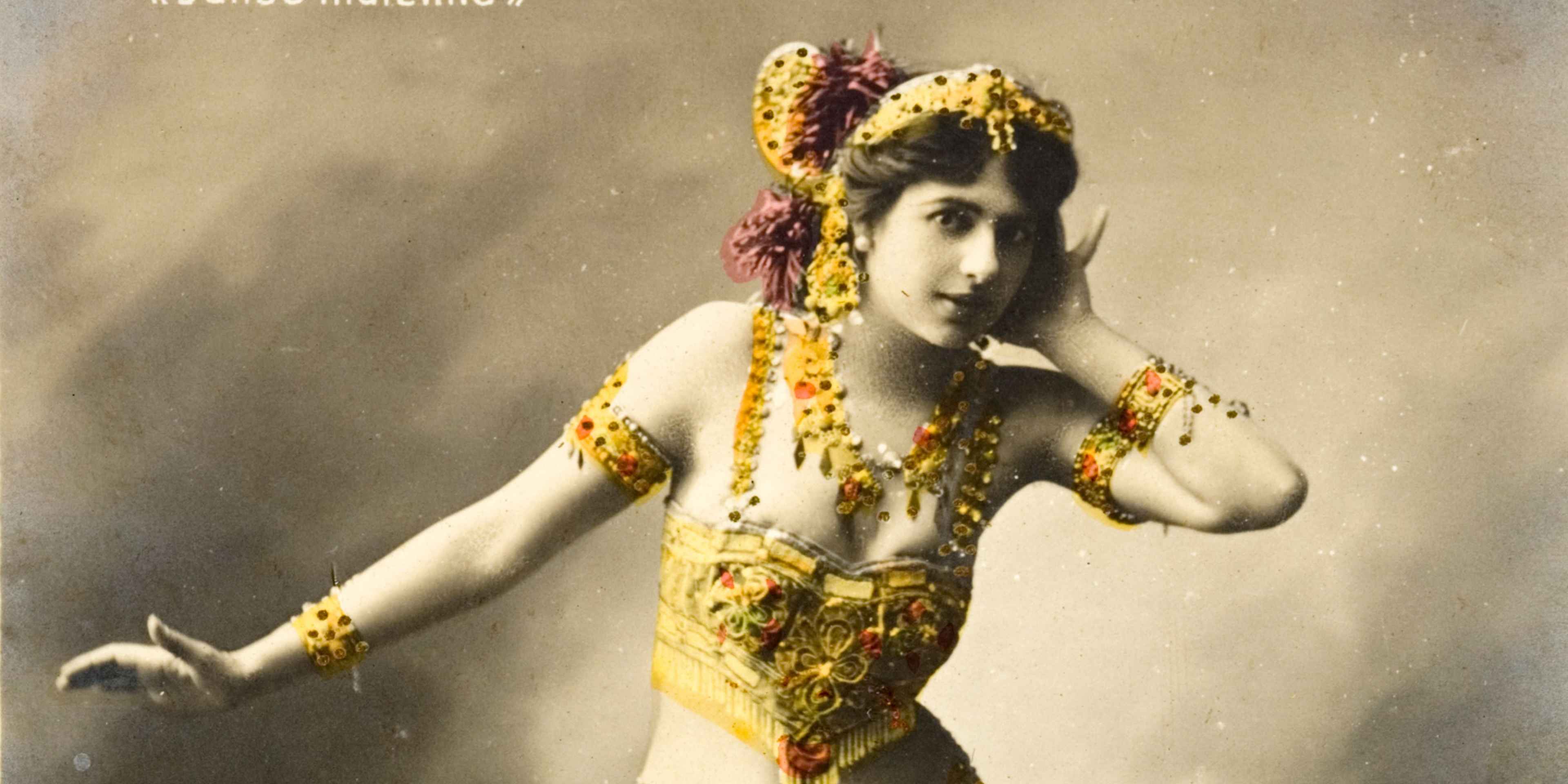 Hand colored postcard of Mata Hari performing , 1907