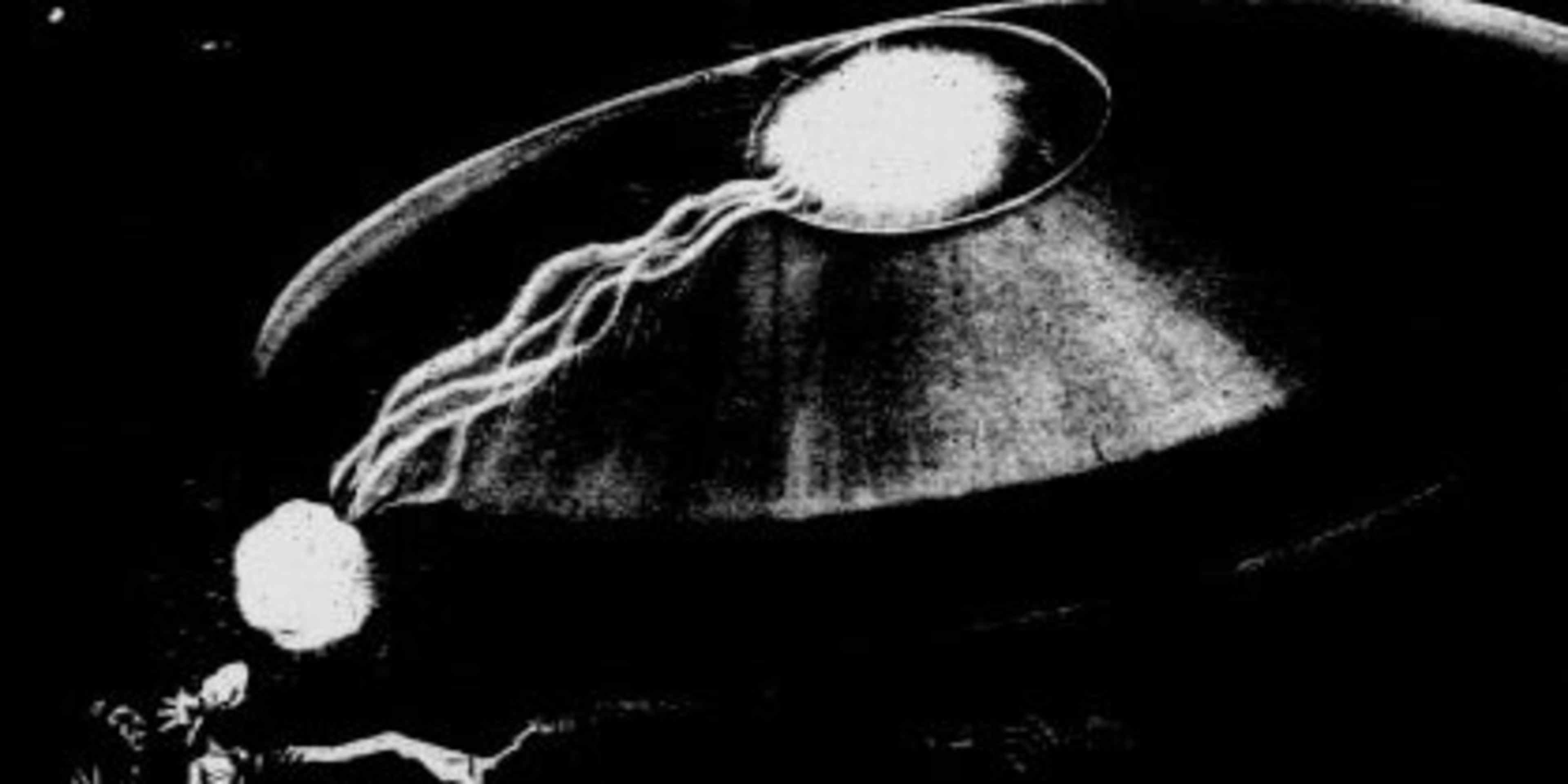 An illustration depicting Scoutmaster D.S. 'Sonny' DesVergers' encounter with a flying saucer that burned him.