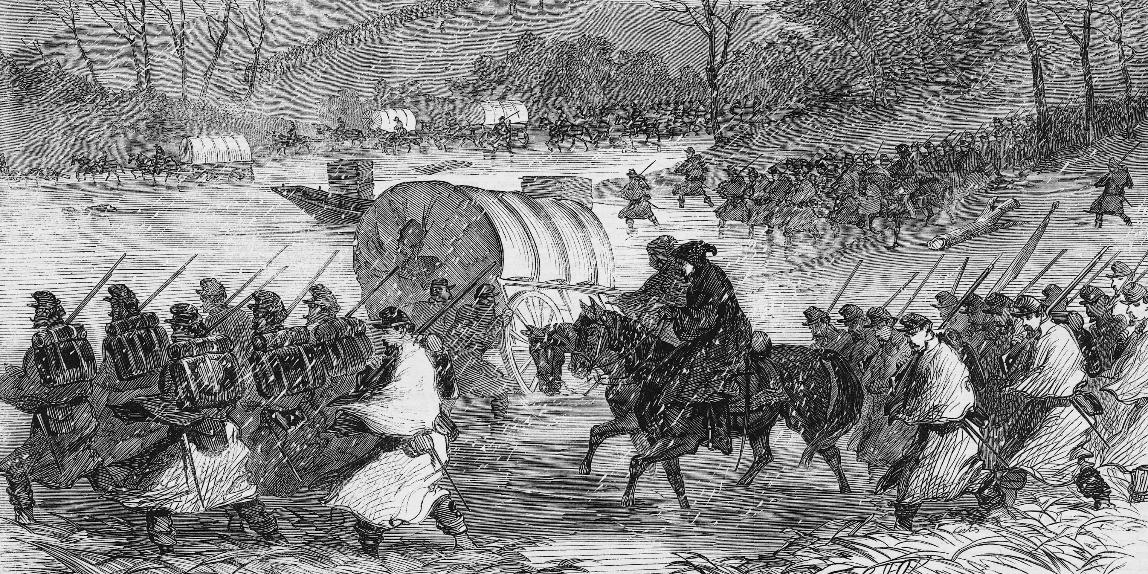 Union soldiers of the Army of the Potomac under the command of Major General Ambrose Burnside attempt to cross the Rappahannock River in pouring rain on January 20, 1863 during the "Mud March" of the Fredericksburg Campaign of the American Civil War.
