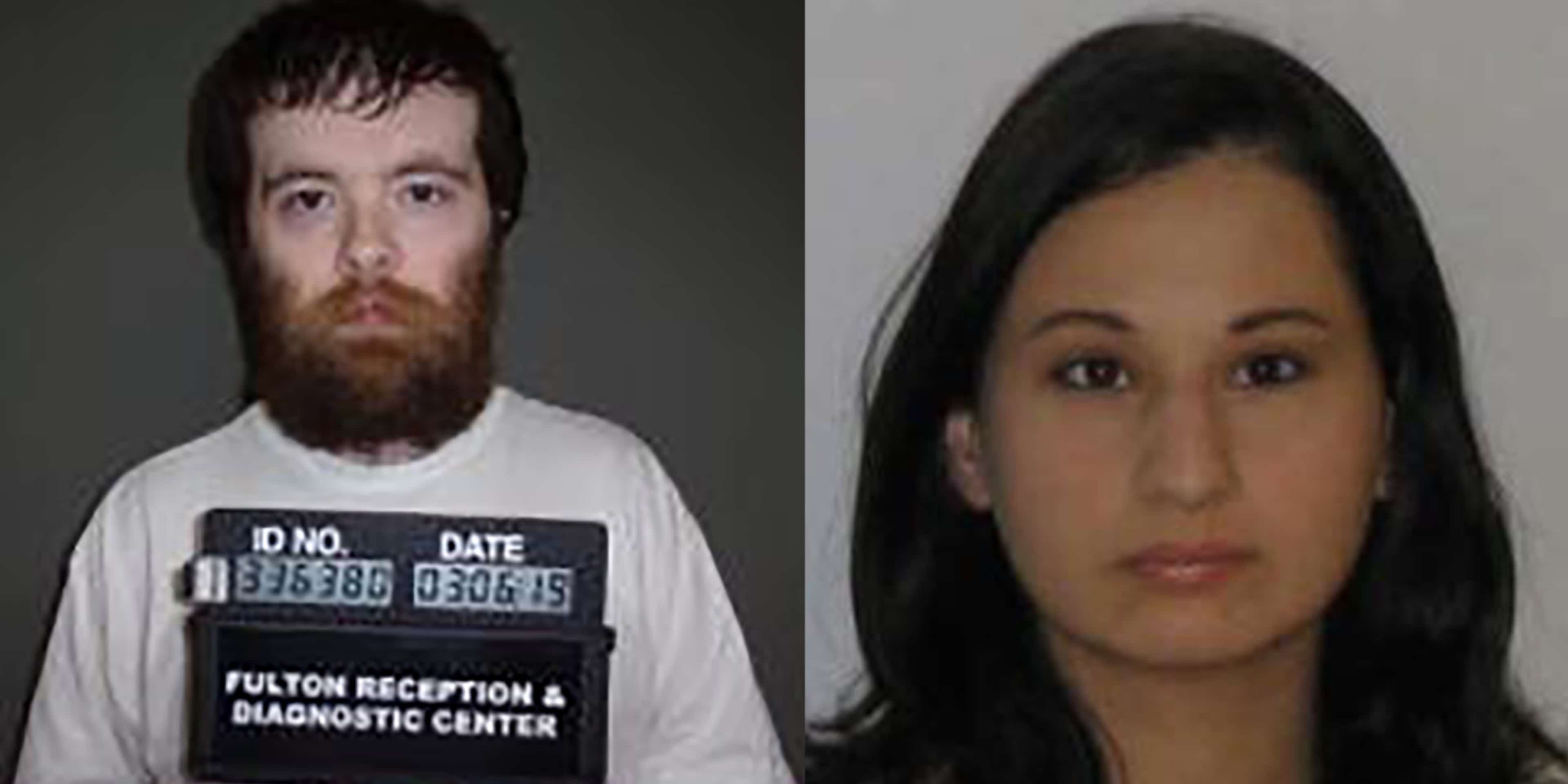 The image shows two mugshot-style photographs, one of a man with a beard and the other of a woman with long dark hair. Both individuals are wearing white shirts and holding identification cards in front of them.