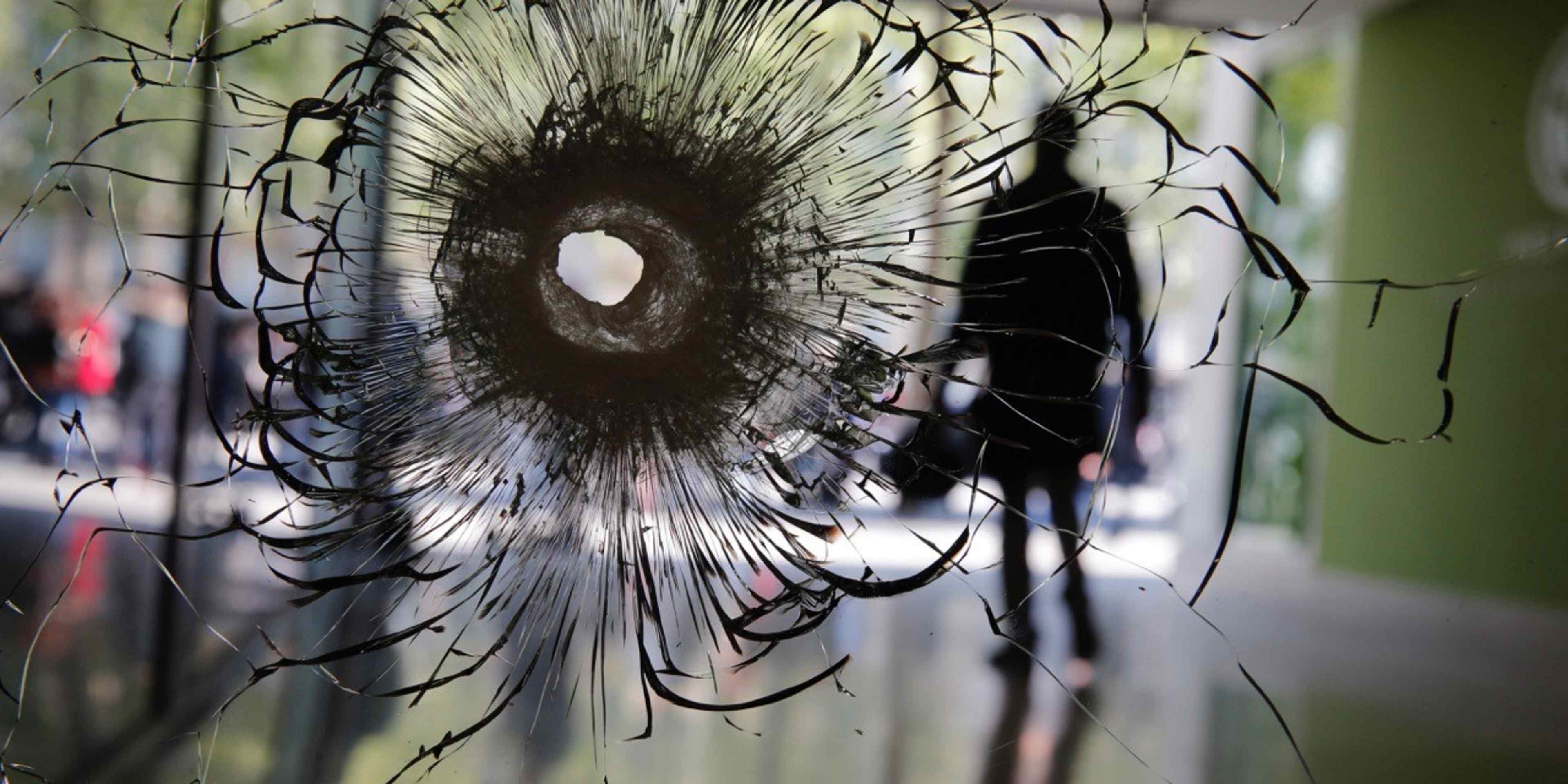 A shattered glass window with a large, circular crack in the center, surrounded by a blurred, green outdoor environment.