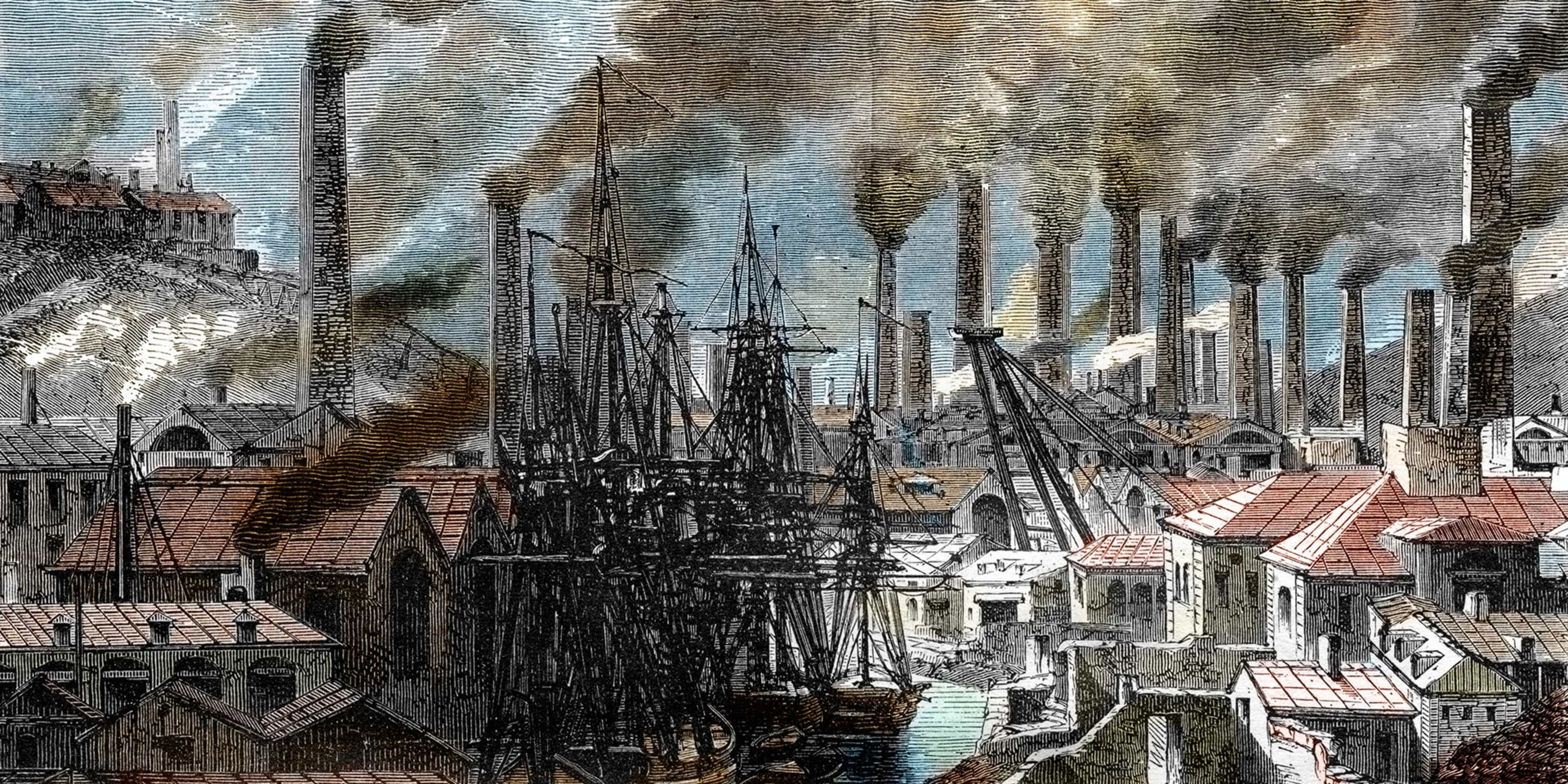 Pollution from copper factories in Cornwall, England, as depicted in an engraving from History of England by Rollins, 1887.