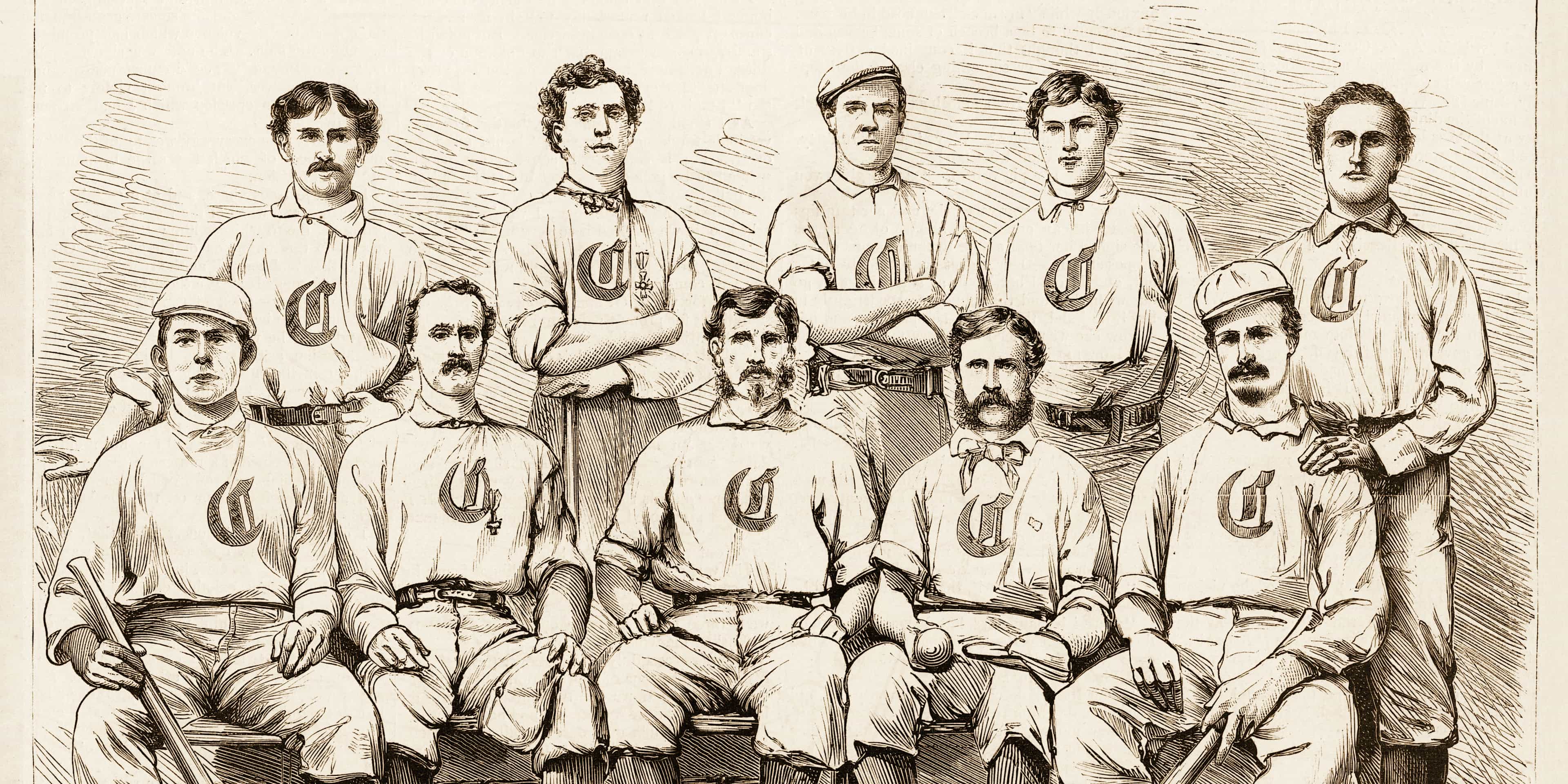 An illustrated team portrait of the Cincinnati Red Stockings baseball team, circa late 1860s
