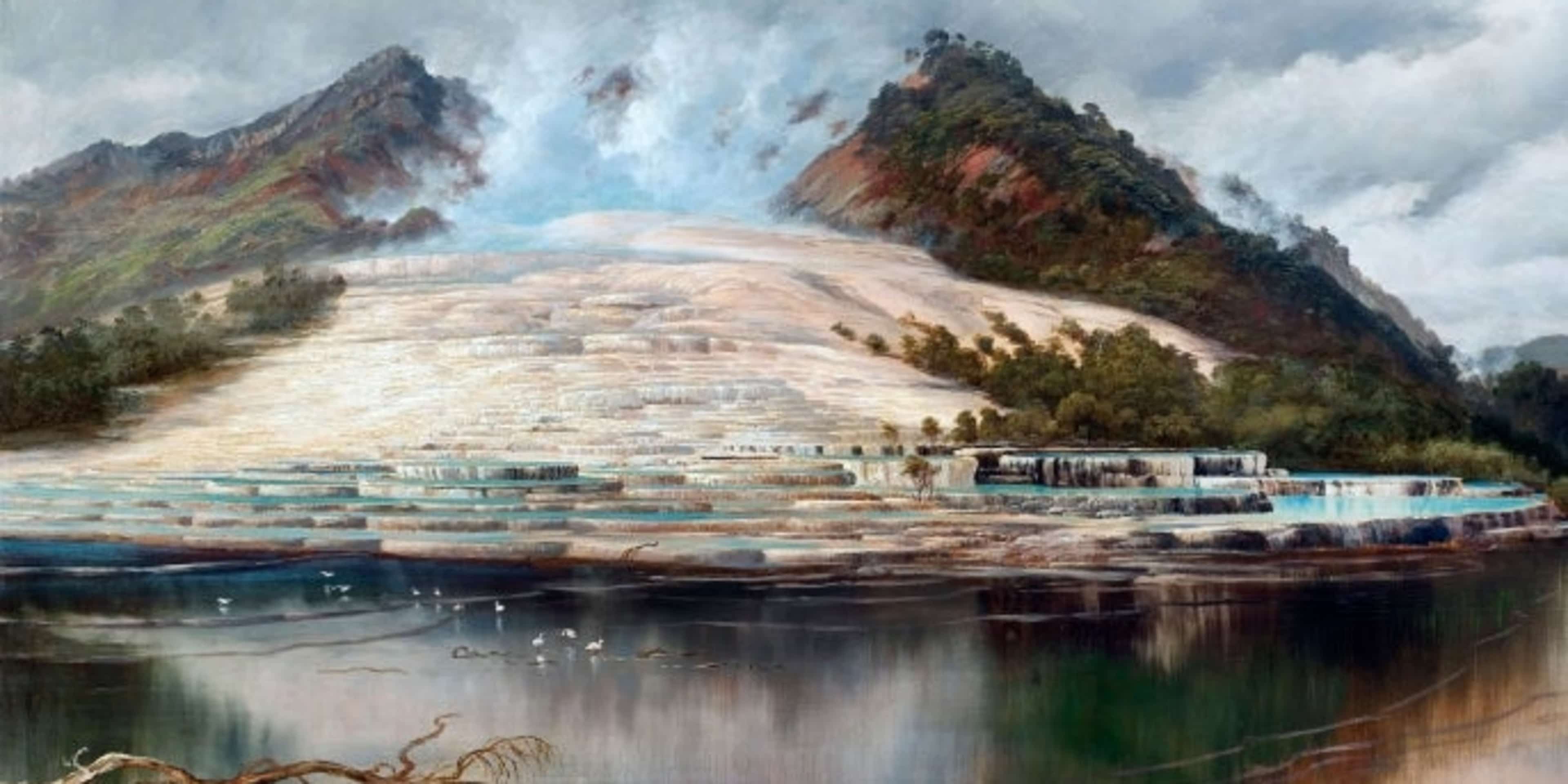 Painting of the terraces at Lake Rotomahana by Charles Blomfield.