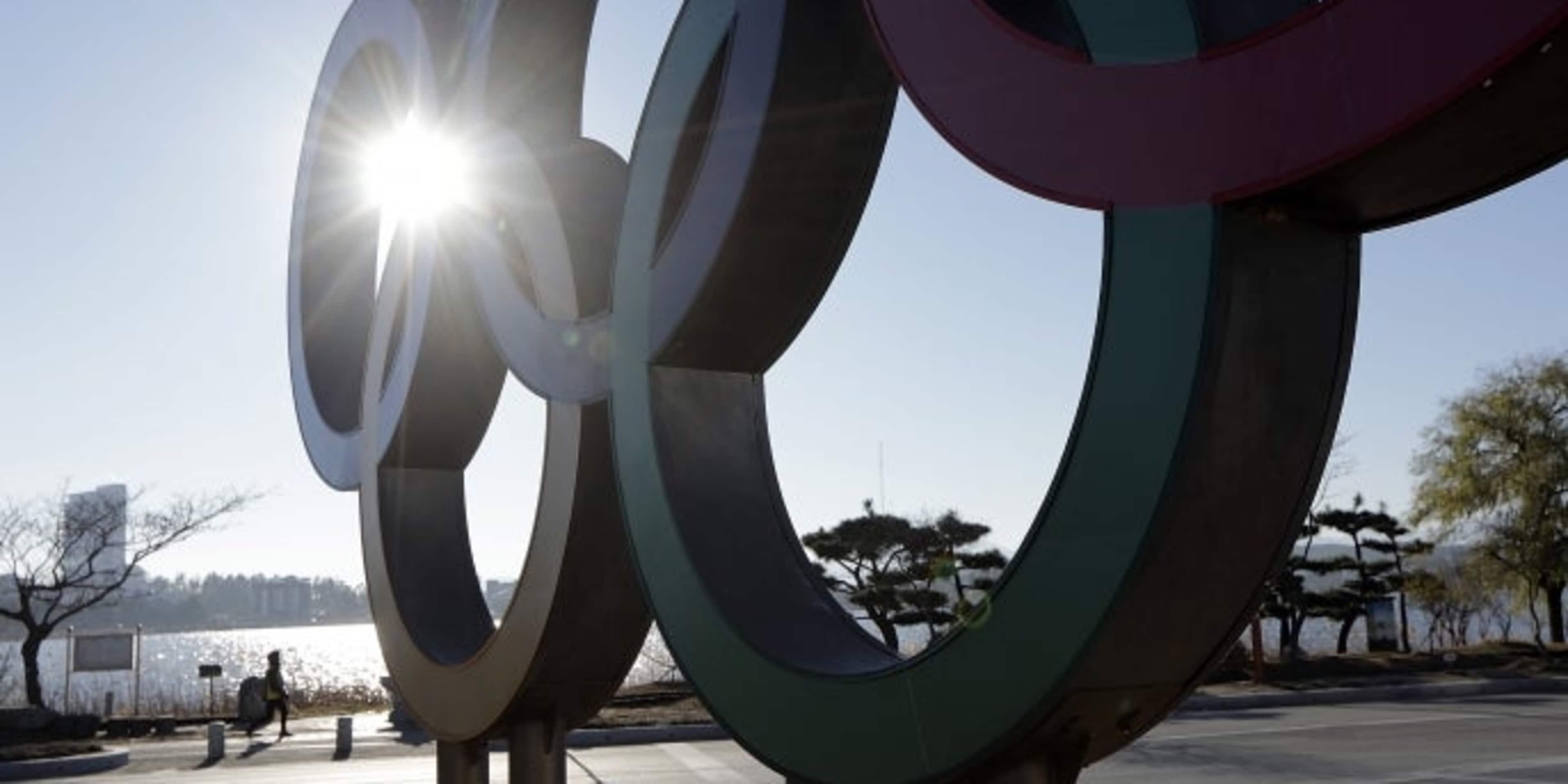 GANGNEUNG, SOUTH KOREA - DECEMBER 16:  The Olympic Rings stands at the center of a traffic circle on December 16, 2016 in Gangneung, South Korea.