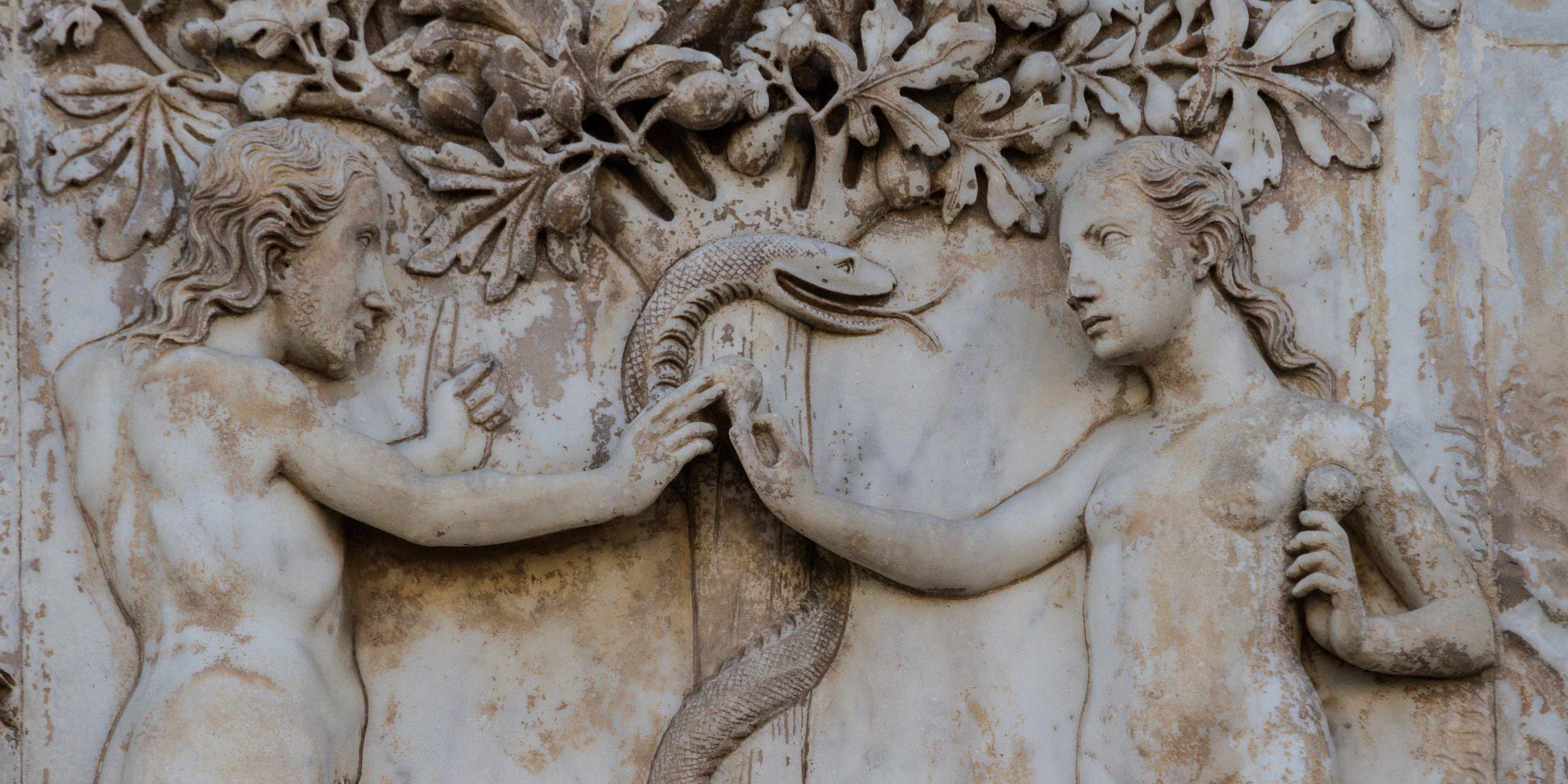 Eve offering the forbidden fruit to Adam, detail of bas-reliefs on the facade of Orvieto cathedral, Umbria, Italy, 13th-14th century