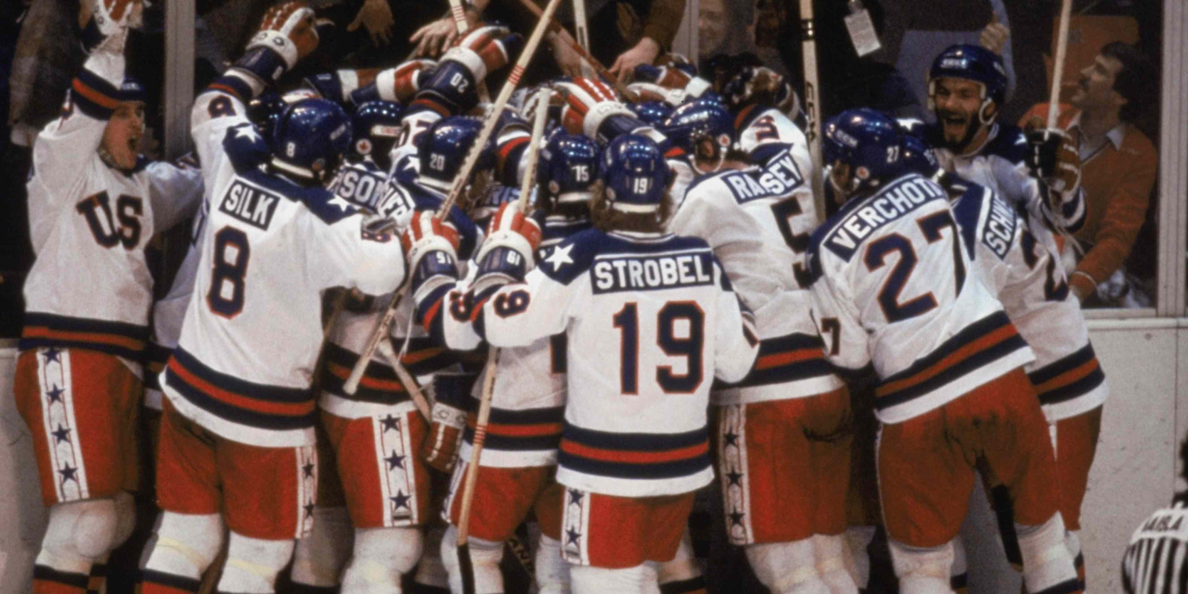 Team USA celebrates its shocking upset of the Soviet Union at the 1980 Winter Olympics.