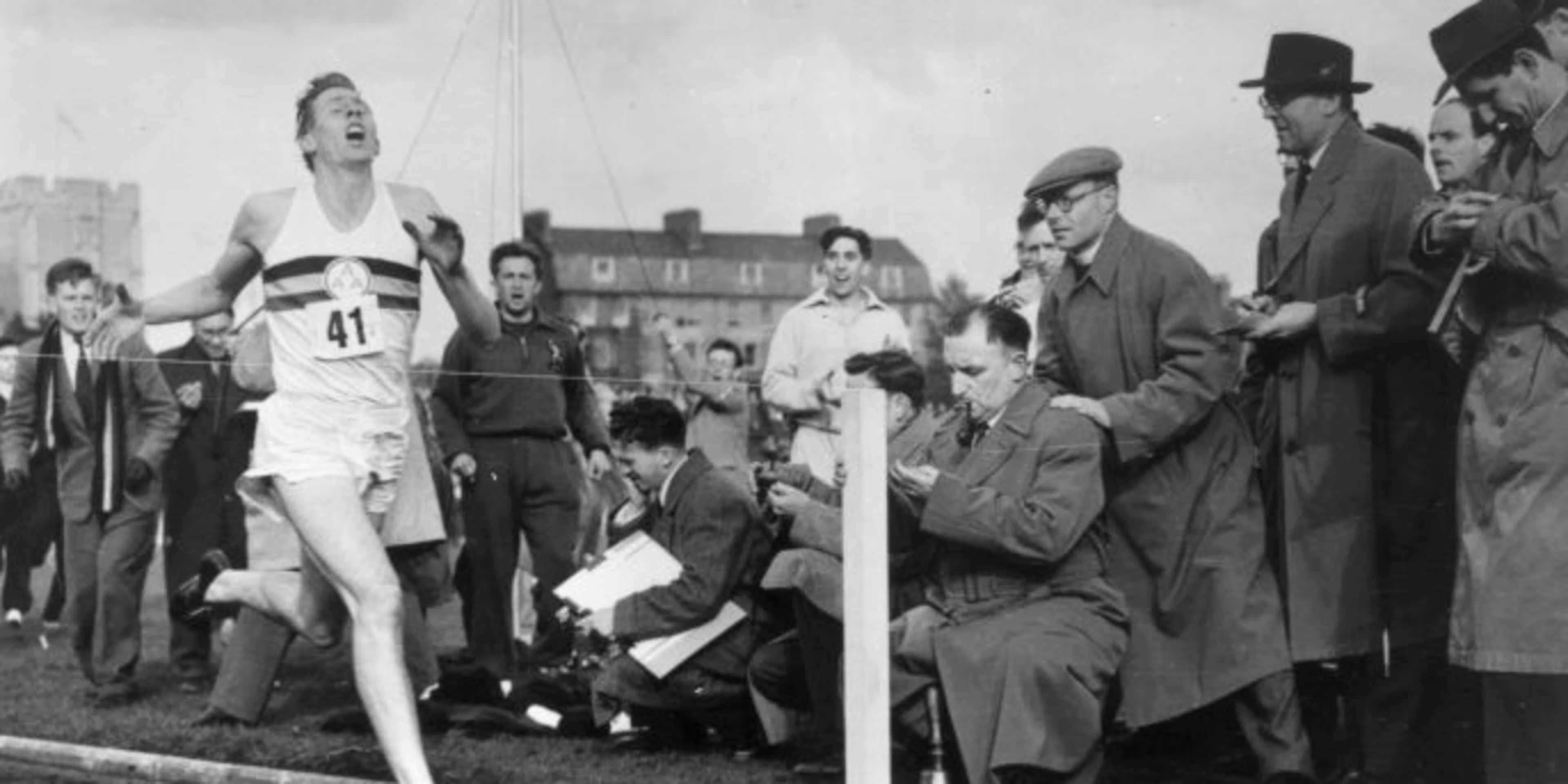 Roger Bannister about to cross the tape at the end of his record-breaking run.