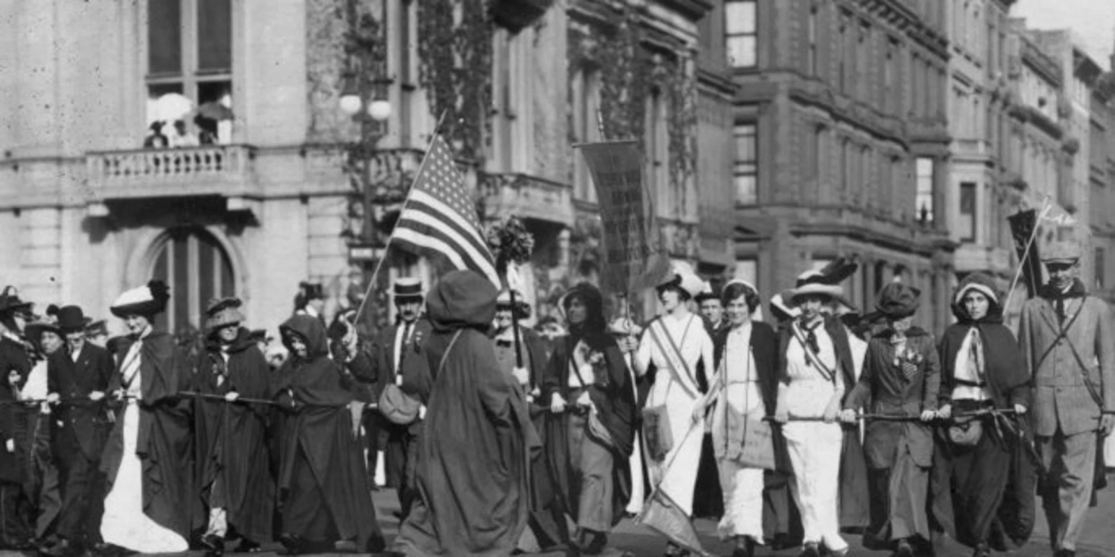 The women who walked from New York to Washington in February to attend President Woodrow Wilson's inauguration. (Credit: Paul Thompson/Topical Press Agency/Getty Images)