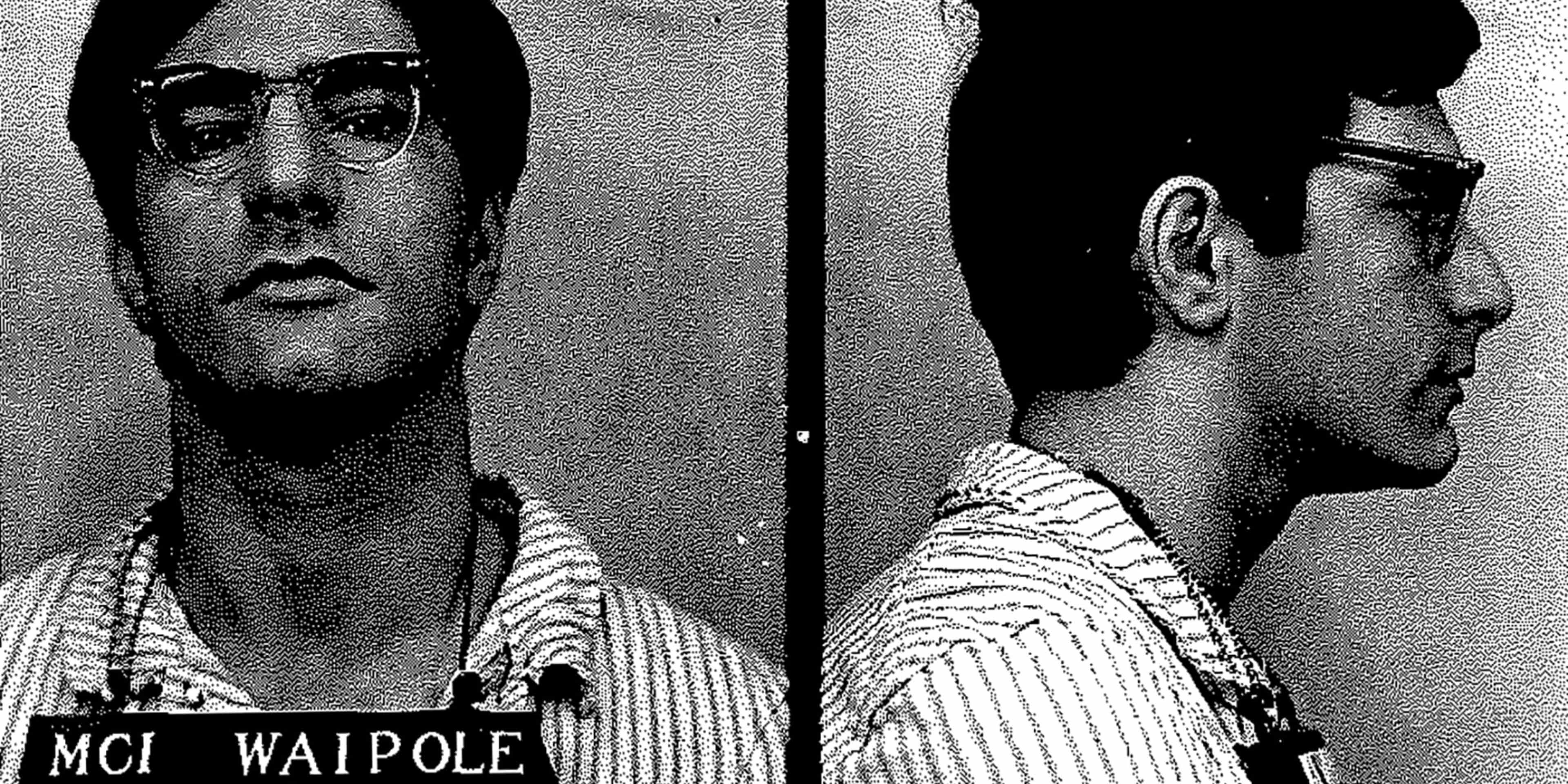 A black and white mugshot-style image showing the frontal and profile views of a person wearing glasses and a striped shirt, with the text "MCI WAIPOLE 5-23-70 32725" visible.