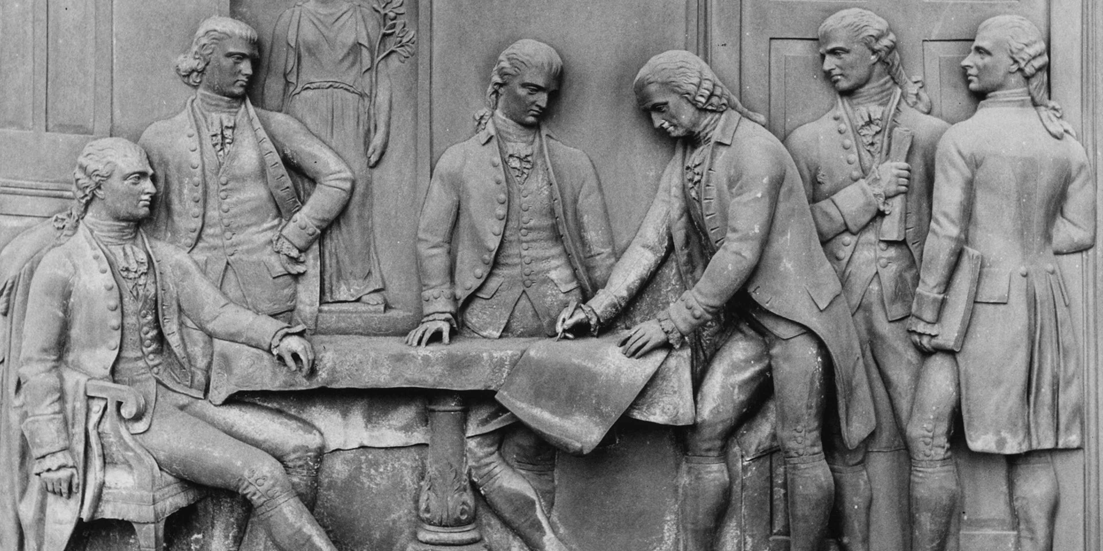 The signing of the Treaty of Paris, a peace treaty between the United States and Great Britain which concluded the American War of Independence, immortalized in bronze on a door. (Photo by Three Lions/Getty Images)