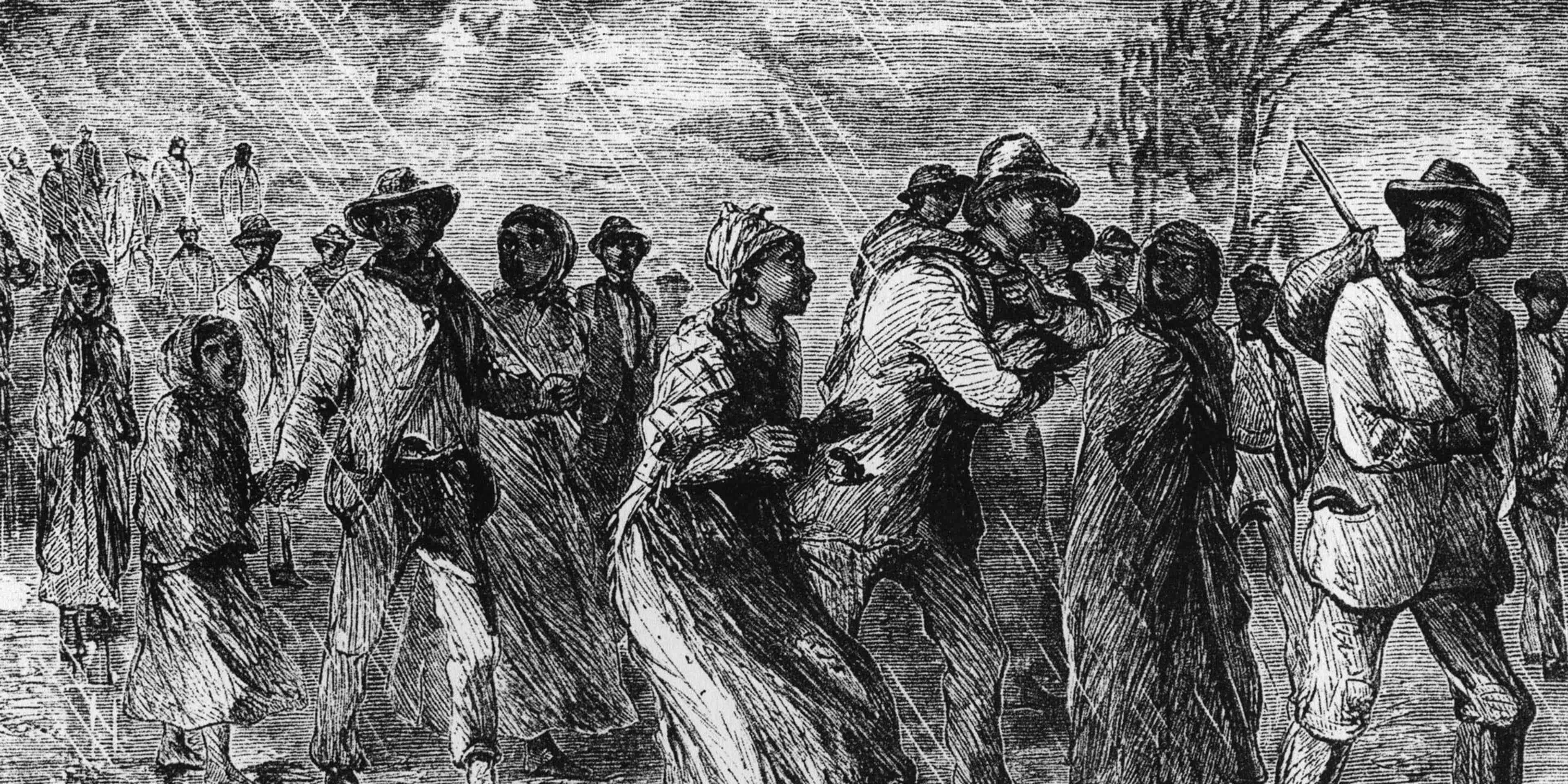 These fugitive slaves are fleeing from Maryland to Delaware by way of the Underground Railroad.These fugitive slaves are fleeing from Maryland to Delaware by way of the Underground Railroad, 1850. (Photo by: Universal History Archive/Universal Images Group via Getty Images)