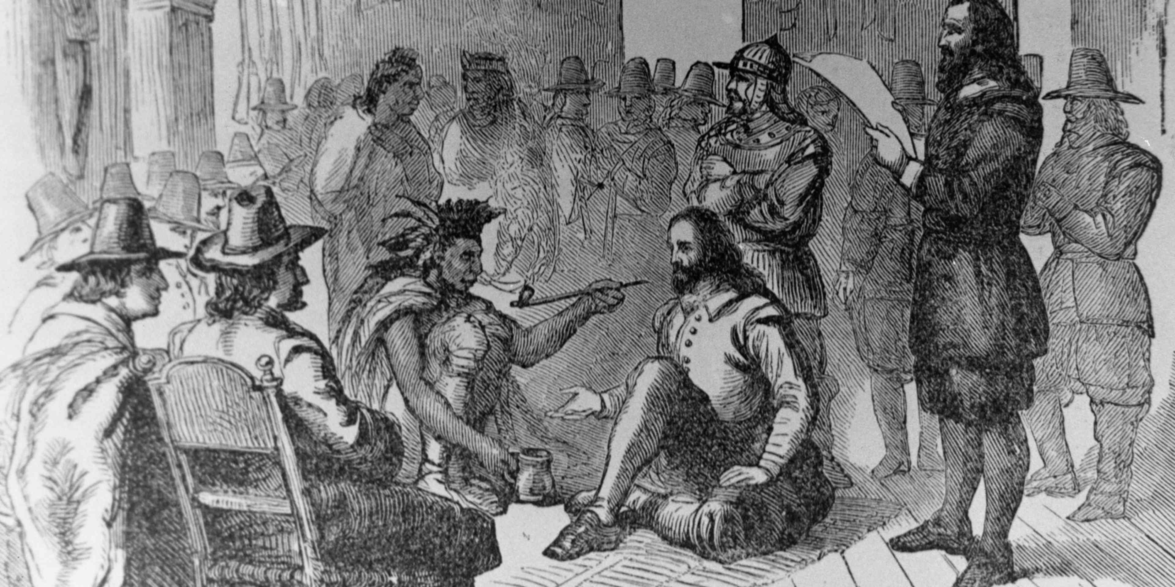 Ousamequin, chief of the Wampanoag signs a peace treaty with Governor John Carver (1576 - 1621).