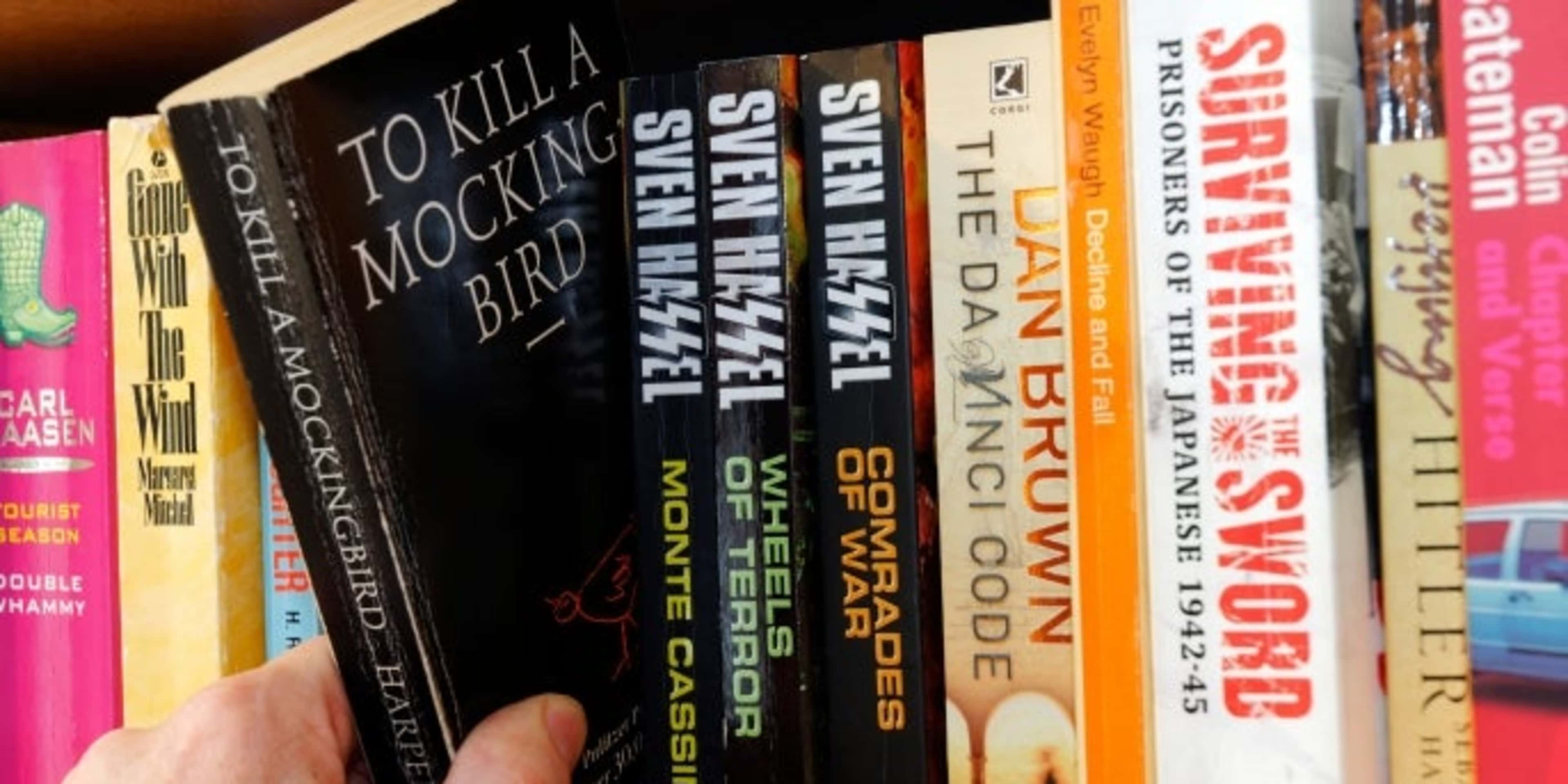 A copy of 'To Kill a Mockingbird' being pulled off a shelf.