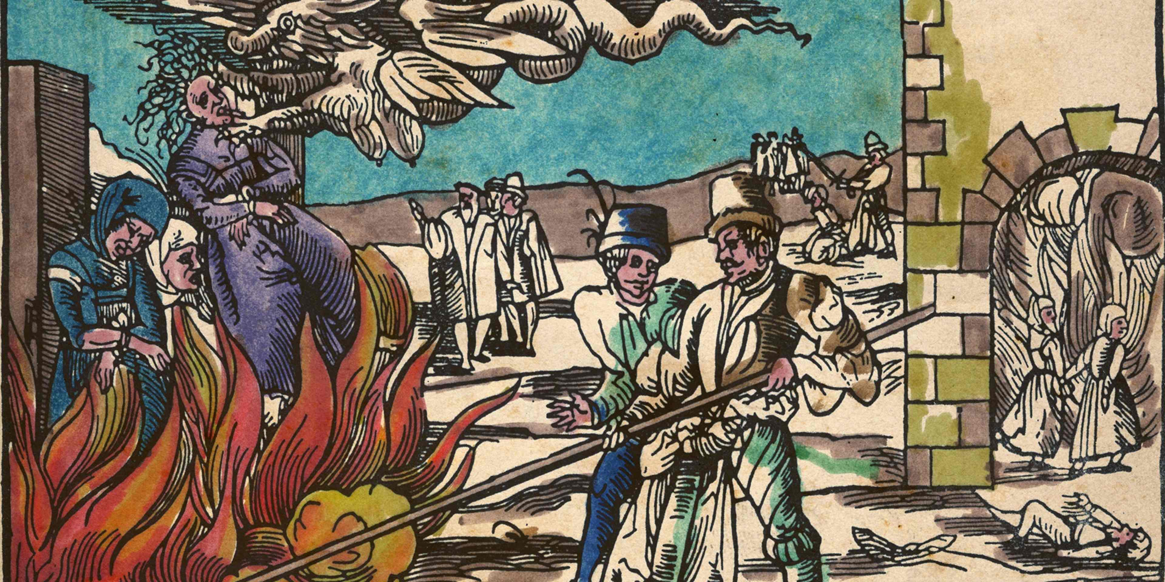 A colorized illustration from a newsletter about the public burning of 3 witches at Derneburg, Germany, in 1555.