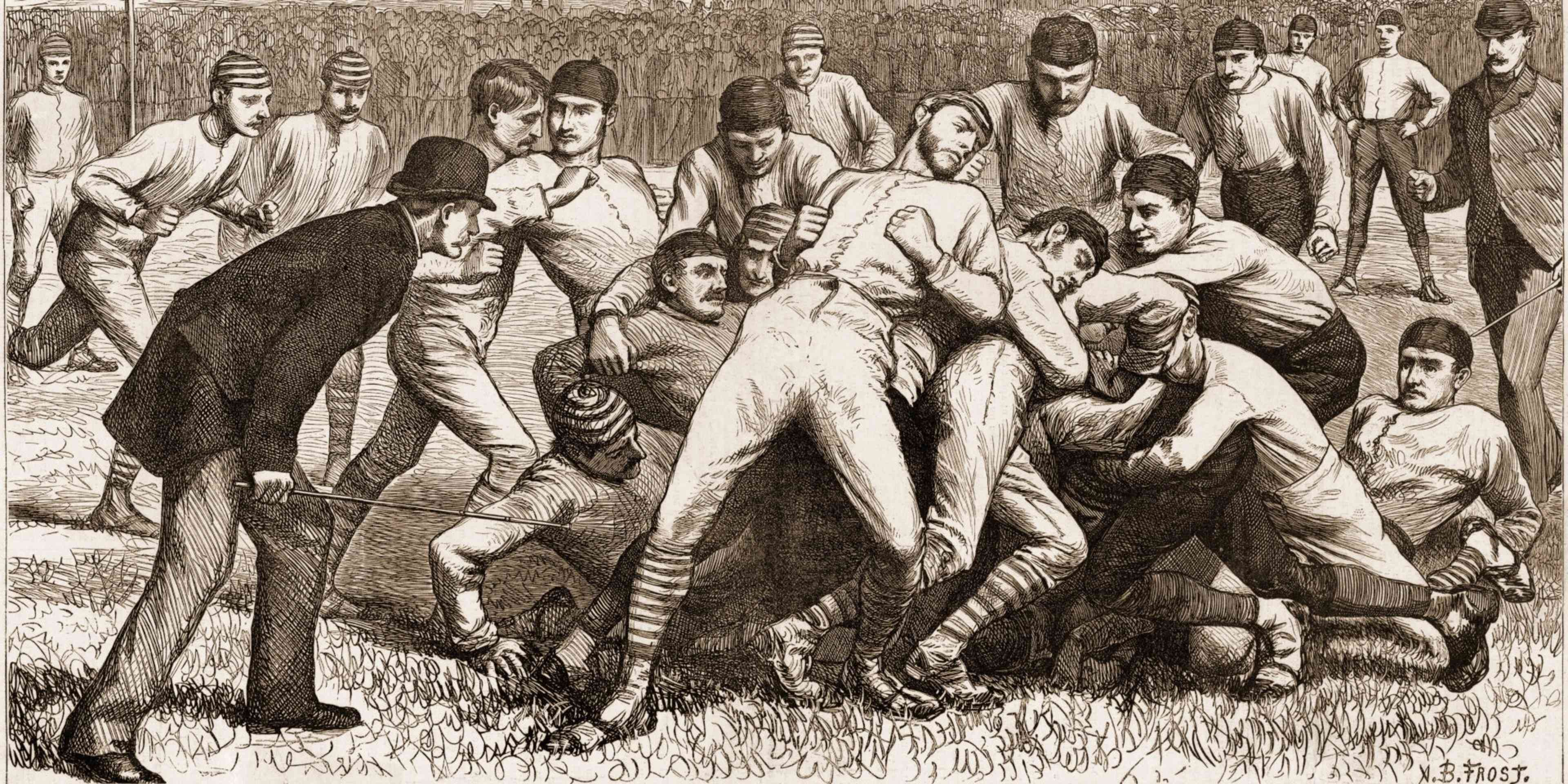 Wood engraving from Harper's Weekly magazine depicts onfield action during a football match between Yale and Princeton on Thanksgiving Day, November 1879. The match was a draw