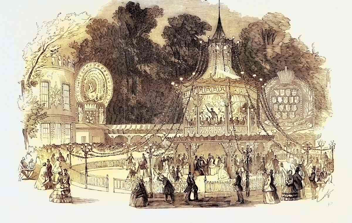 Engraving of the orchestra pavillion at London's Cremorne Gardens, 1851.