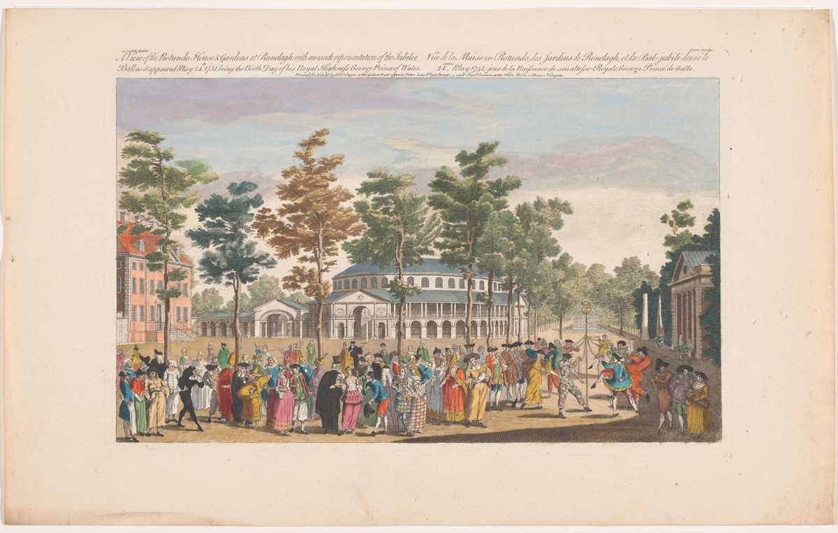 View of the Rotunda in London's Ranelagh Gardens with a masquerade ball on the occasion of the birthday of the Prince of Wales on May, 24, 1751.