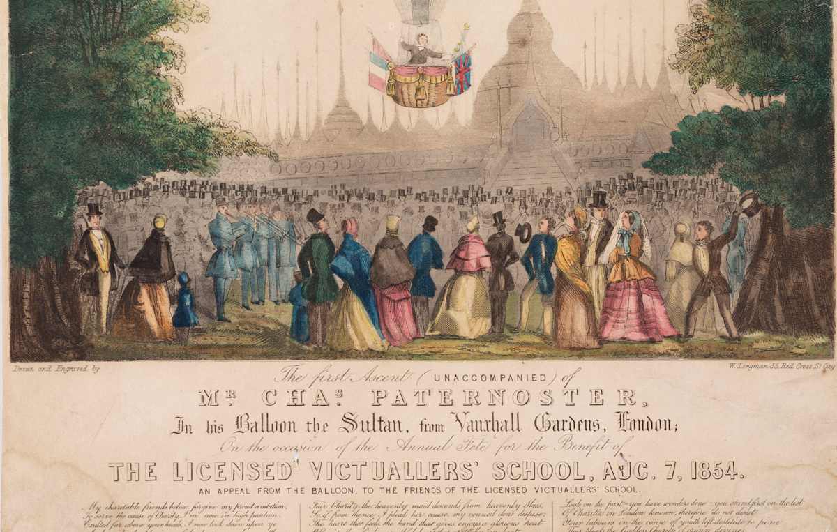 Hand-colored engraving showing the first ascent of Charles Paternoster the 'Royal Sultan' balloon, as a charity event, in Vauxhall Gardens, London on August 7, 1854.