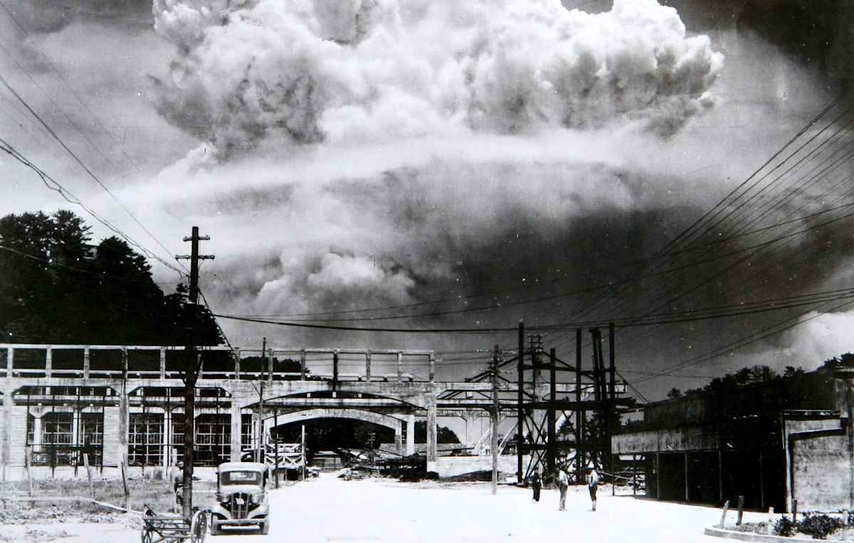 The atomic bomb mushroom cloud over Nagasaki seen from Koyagi-jima, August 9th, 1945.