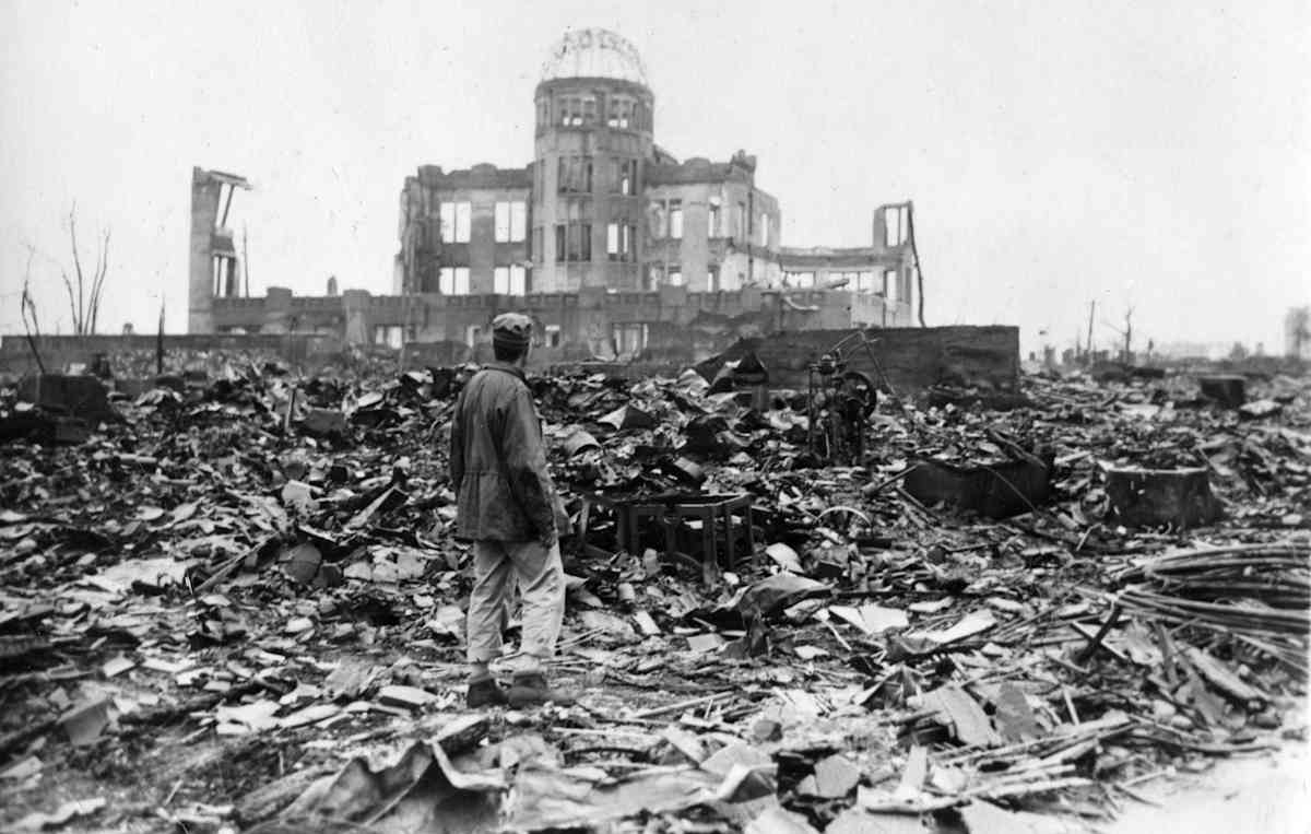 7th September 1945: View of one of the only structures left standing, one day after the U.S. dropped an atomic bomb on Hiroshima, Japan. The building, also known as the Genbaku Dome, is now the centerpiece of the Hiroshima Peace Memorial Park.