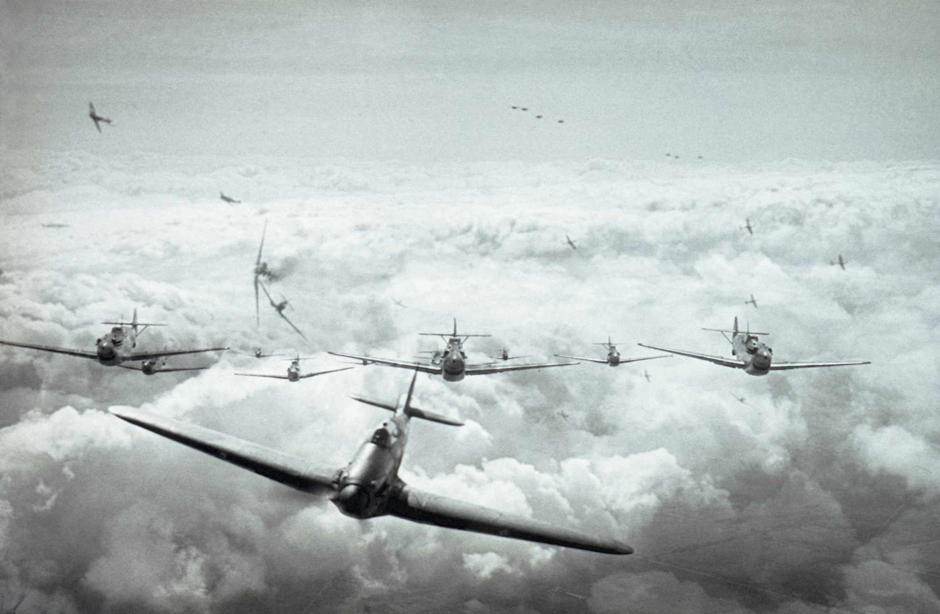 An optically merged image of a dogfight over England between a Spitfire and a Messerschmitt ME 109, made after aerial shots were filmed for 'Battle Of Britain', directed by Guy Hamilton, 1968.