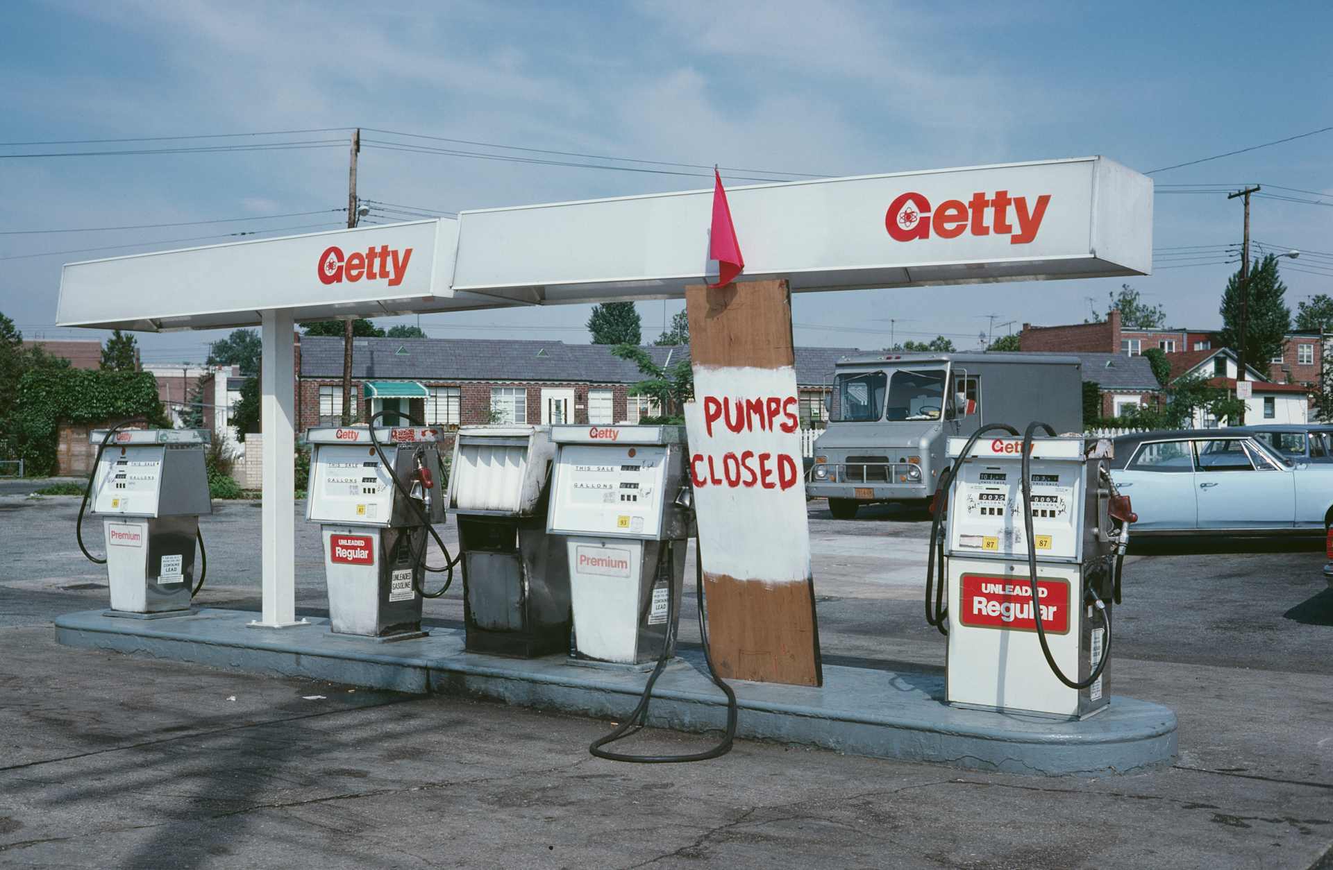 Closed petrol pumps at a Getty petrol station, circa 1975.