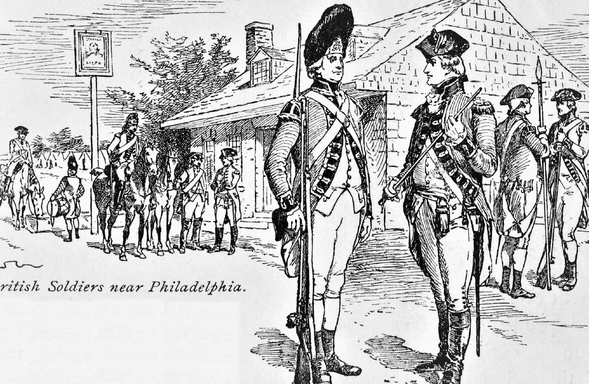 The British military occupied Philadelphia, then America's capital city, from September 1777 to June 1778. Illustration published in 'The New Eclectic History of the United States' by M. E. Thalheimer.