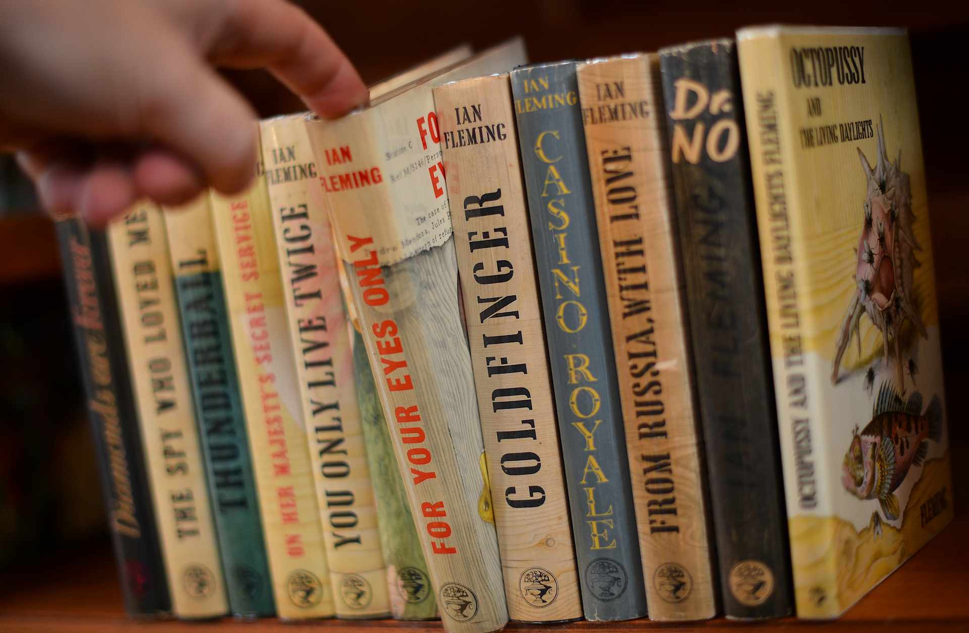 A full collection of first-edition copies of Ian Fleming's James Bond books on view during the Chelsea Antiquarian Book Fair in London on November 2, 2012.