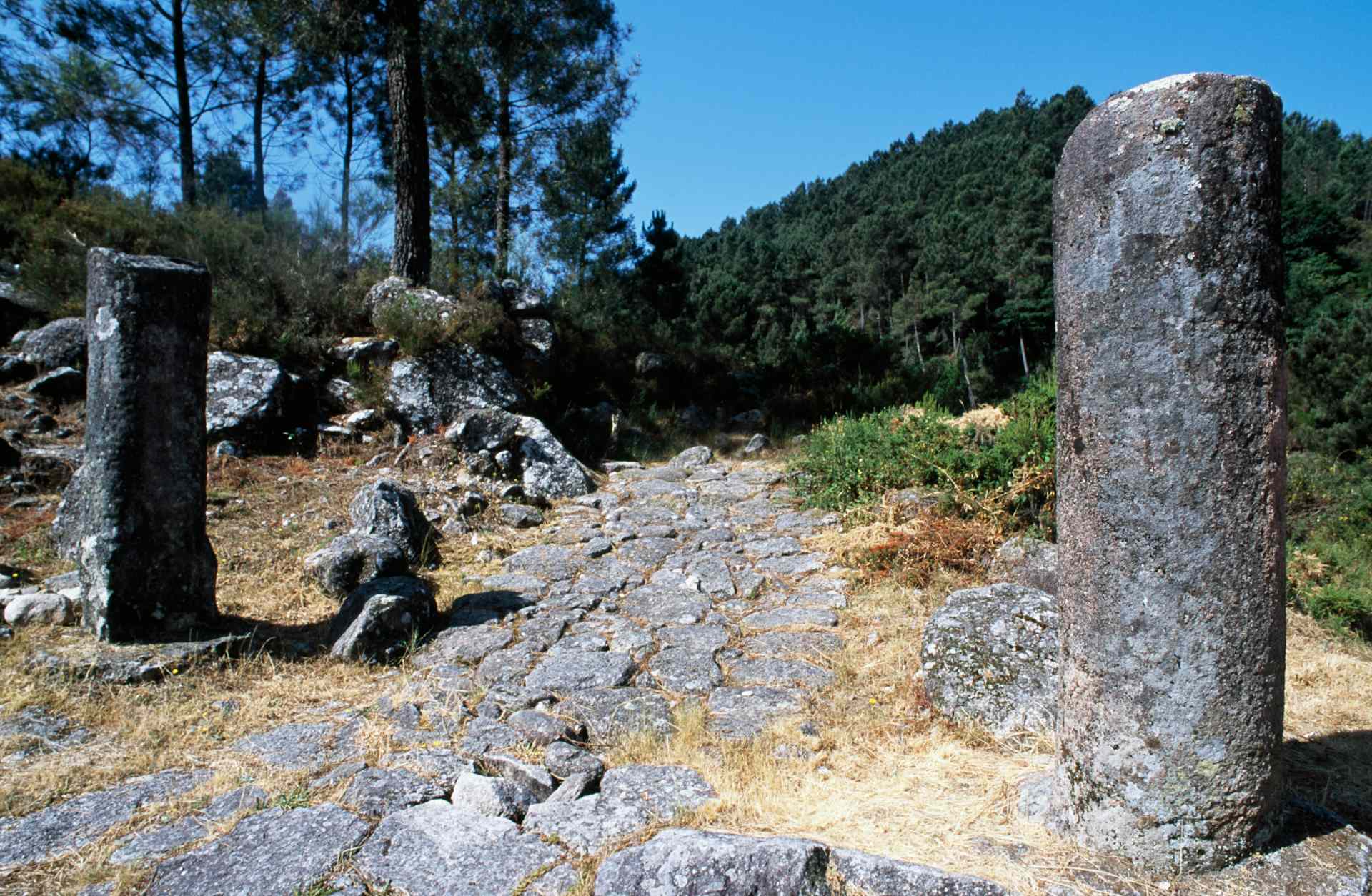 Roman road and milestones near Portela do Home, Peneda-Geres National Park, Portugal.