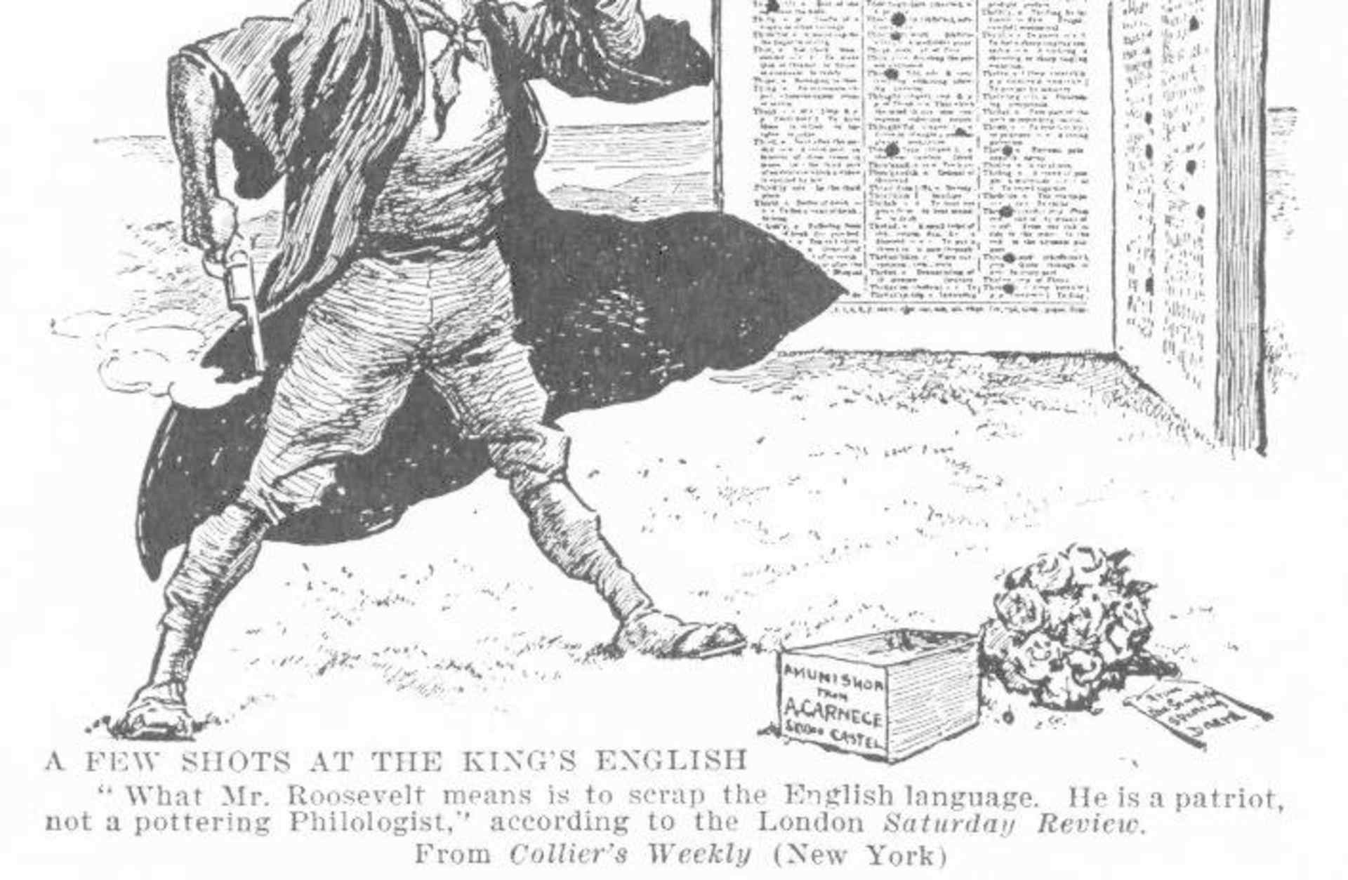 1906 cartoon about Roosevelt's simplified spelling campaign sponsored by Carnegie from the Collier's Weekly. (Credit: Public Domain)
