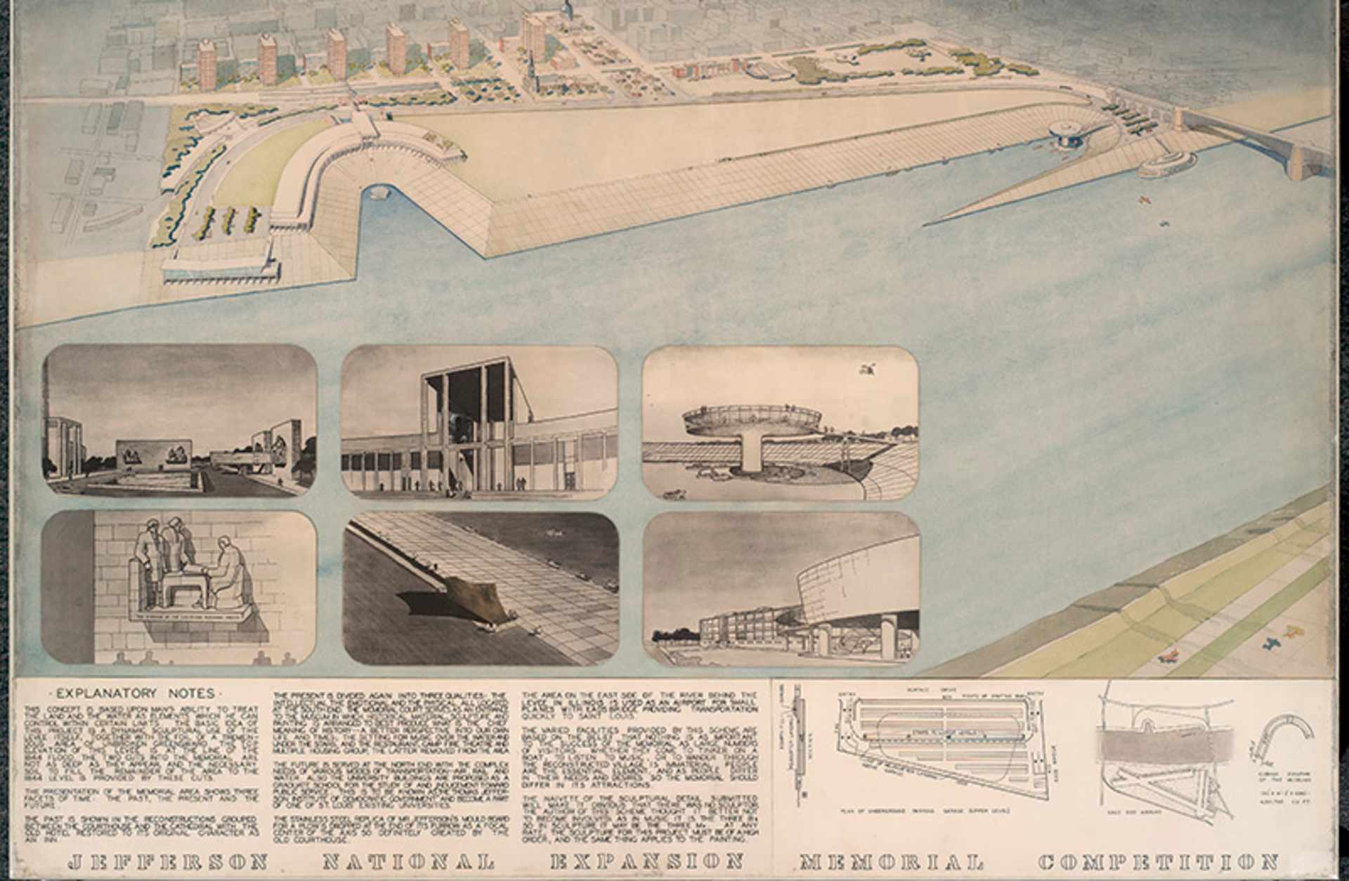 An architectural rendering for a proposed monument on a river, featuring various views and details of the project. The main image in the center depicts an aerial or overhead view of the proposed site, surrounded by smaller inset images showcasing different aspects of the design.