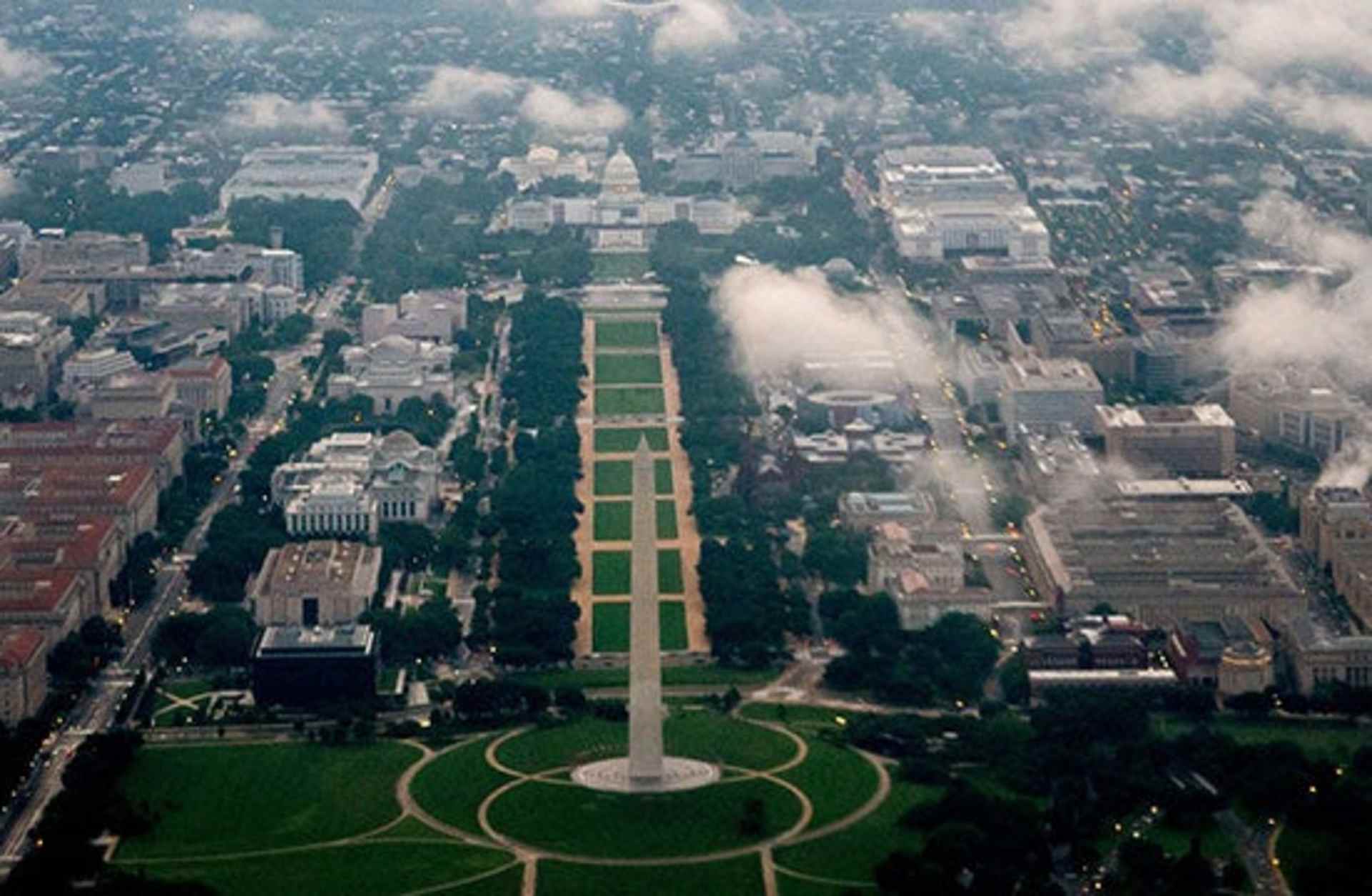 Aerial view of the U.S. Capitol and Washington Monument in Washington, D.C.,