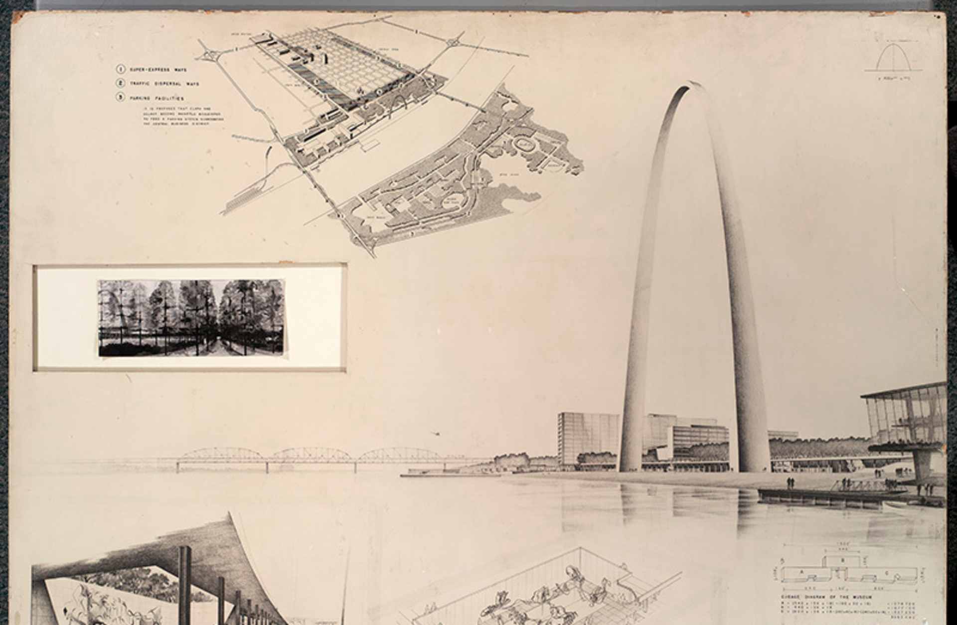 An architectural drawing of a towering arch next to a river and in front of several buildings. The drawing also includes an aerial view of a design proposal and various other detailed drawings.