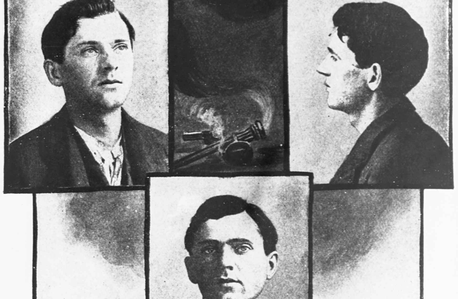 four black and white head-shot portraits of a young man with dark hair