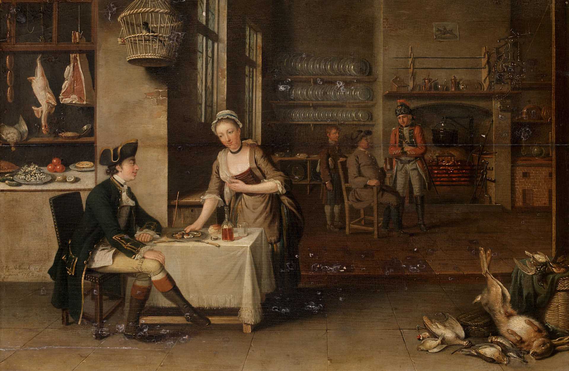 This painting of the interior of the John S.C. Schaak Tavern from 1762 depicts the warm and rustic ambiance of colonial American taverns. The artwork captures the historical atmosphere and social setting of early American public houses.