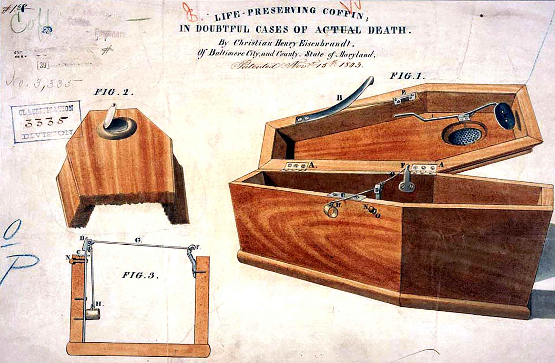 Patent drawing for a life-preserving coffin devised in 1843 by Christian H. Eisenbrandt. He called it a 'life-preserving coffin in doubtful cases of actual death.'
