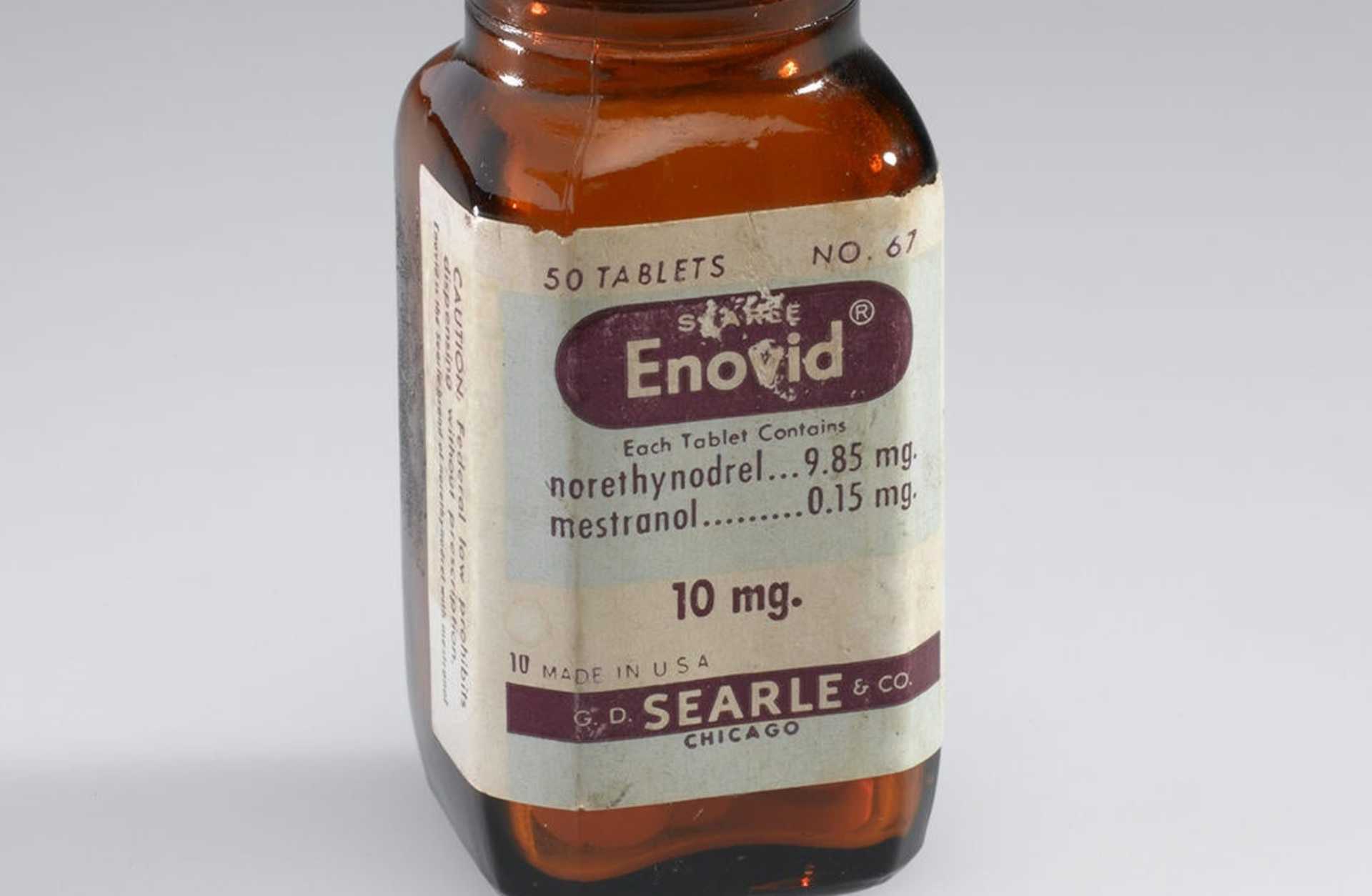 A bottle of Enovid tabs from the early 1960s. (Credit: Science Museum/SSPL/Getty Images)