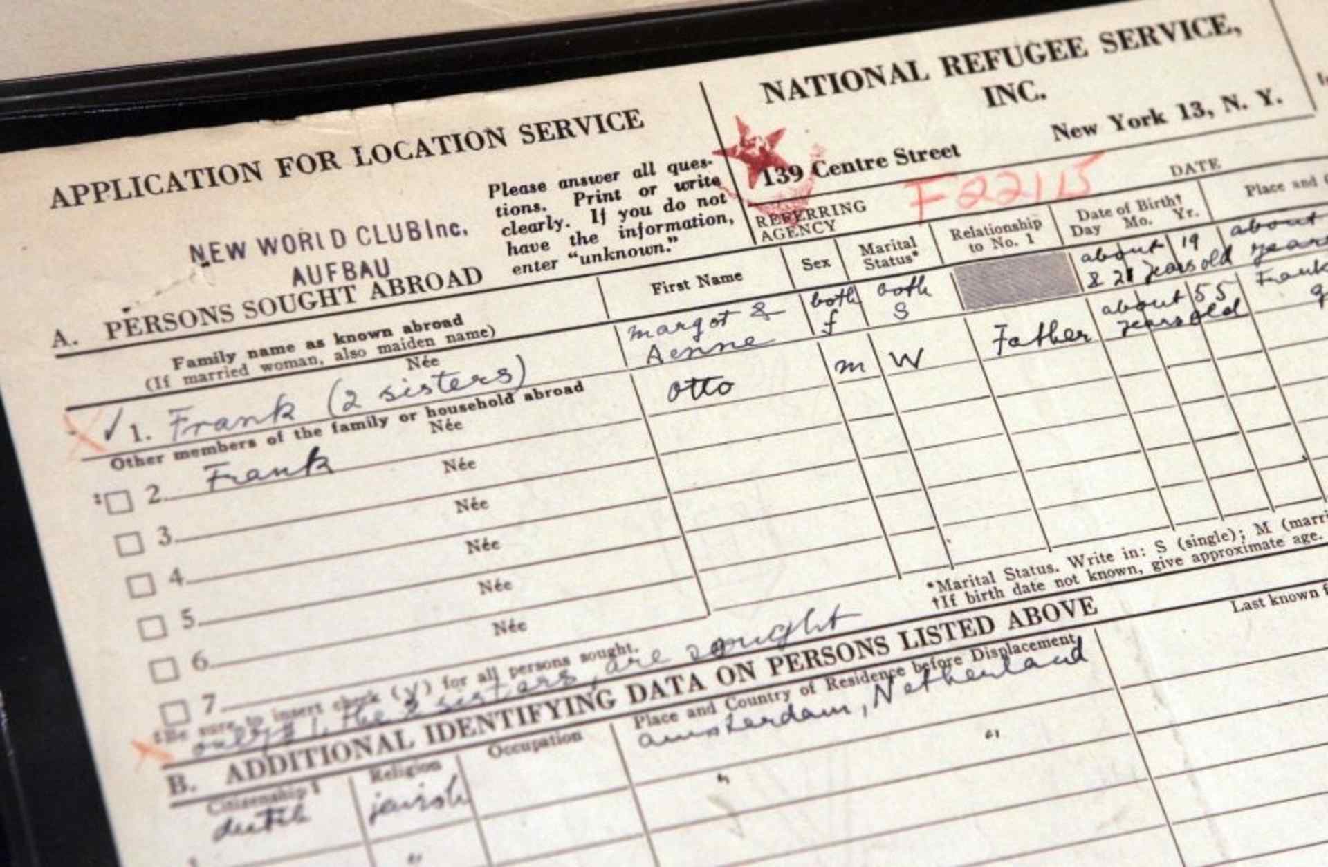A document discovered in the YIVO Institute for Jewish Research archives showing efforts by Anne Frank’s father, Otto Frank, to get his family out of Nazi-occupied Netherlands.