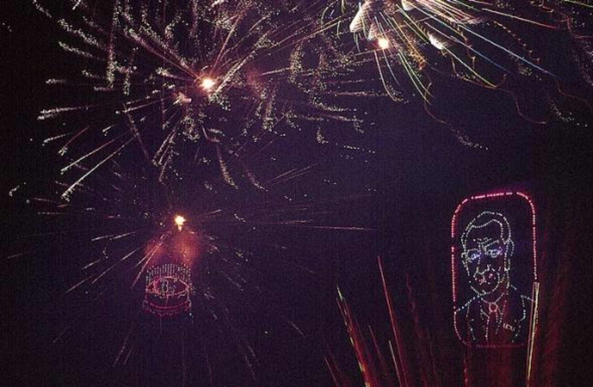 A fireworks display celebrates the 56th birthday of Lyndon Johnson at the 1964 Democratic National Convention.