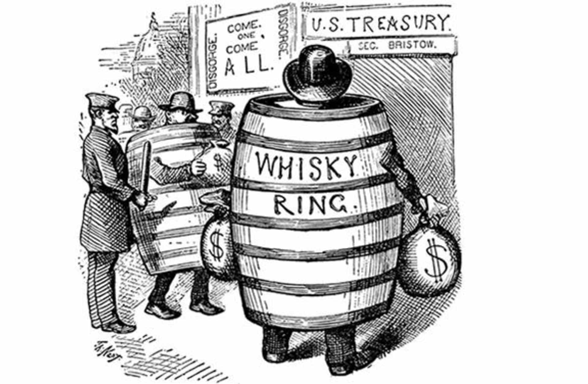 A political cartoon on the Whiskey Ring scandal by artist Thomas Nast. (Credit: Bettmann/Getty Images)