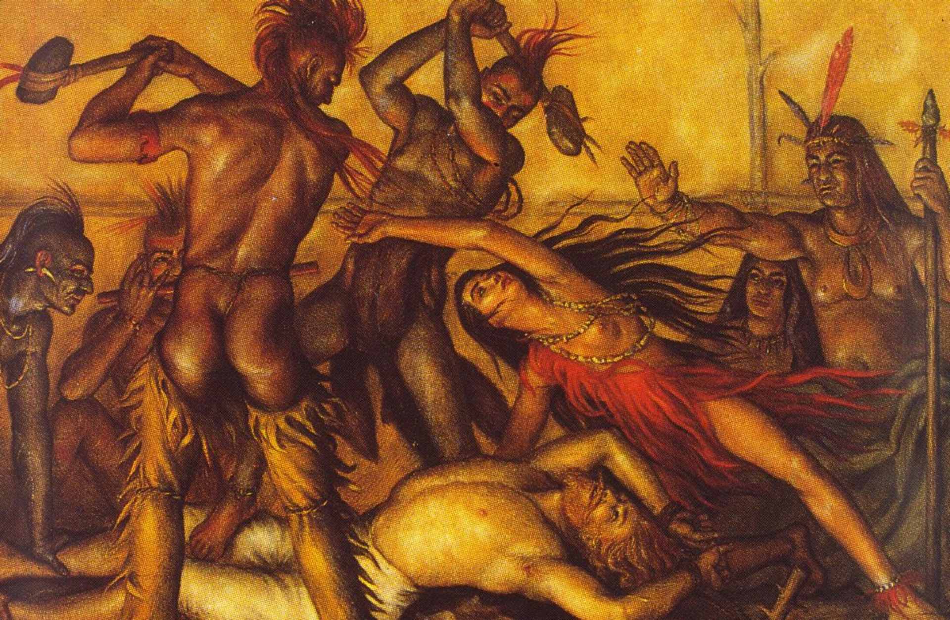 A rendition of Native American princess Pocahontas saving Captain John Smith from death. This painting was commissioned by the Works Progress Administration (WPA).
