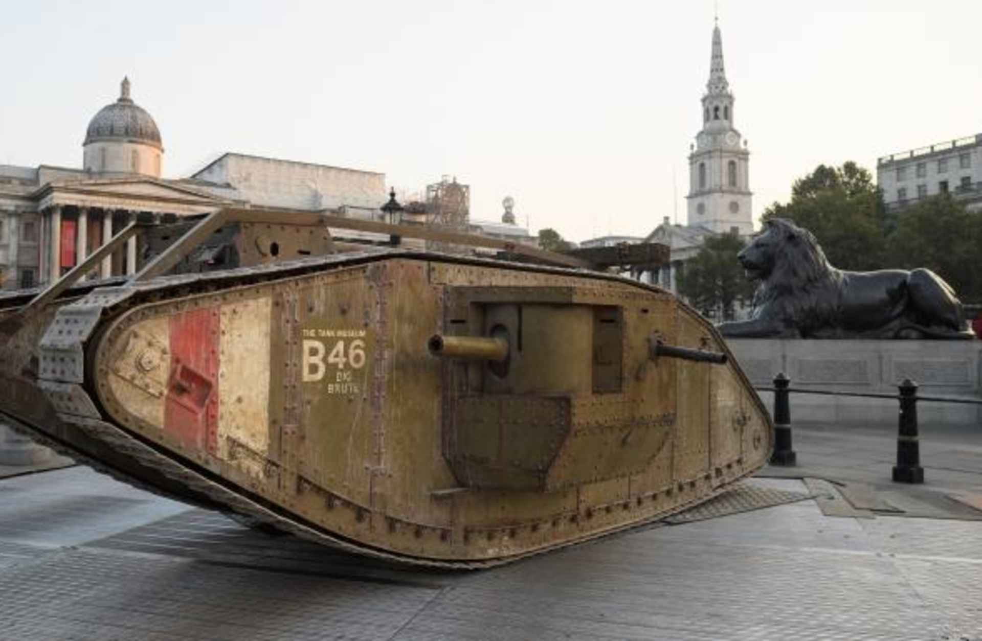 A replica Mark IV tank displayed in London's Trafalgar Square to mark the tank's centennial.