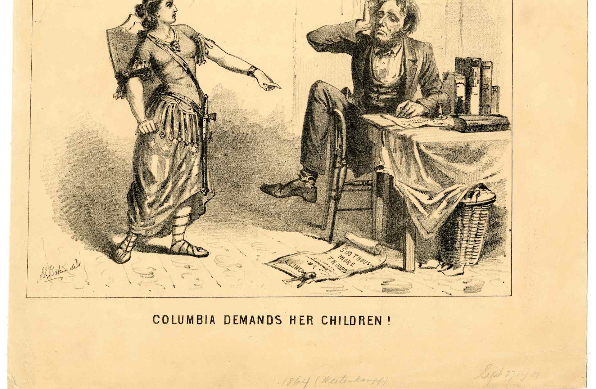 Columbia Demands Her Childrenattack on Lincoln and the Union war effort, 1864. Lithograph by Joseph E. Baker. (Photo by The New York Historical Society/Getty Images)